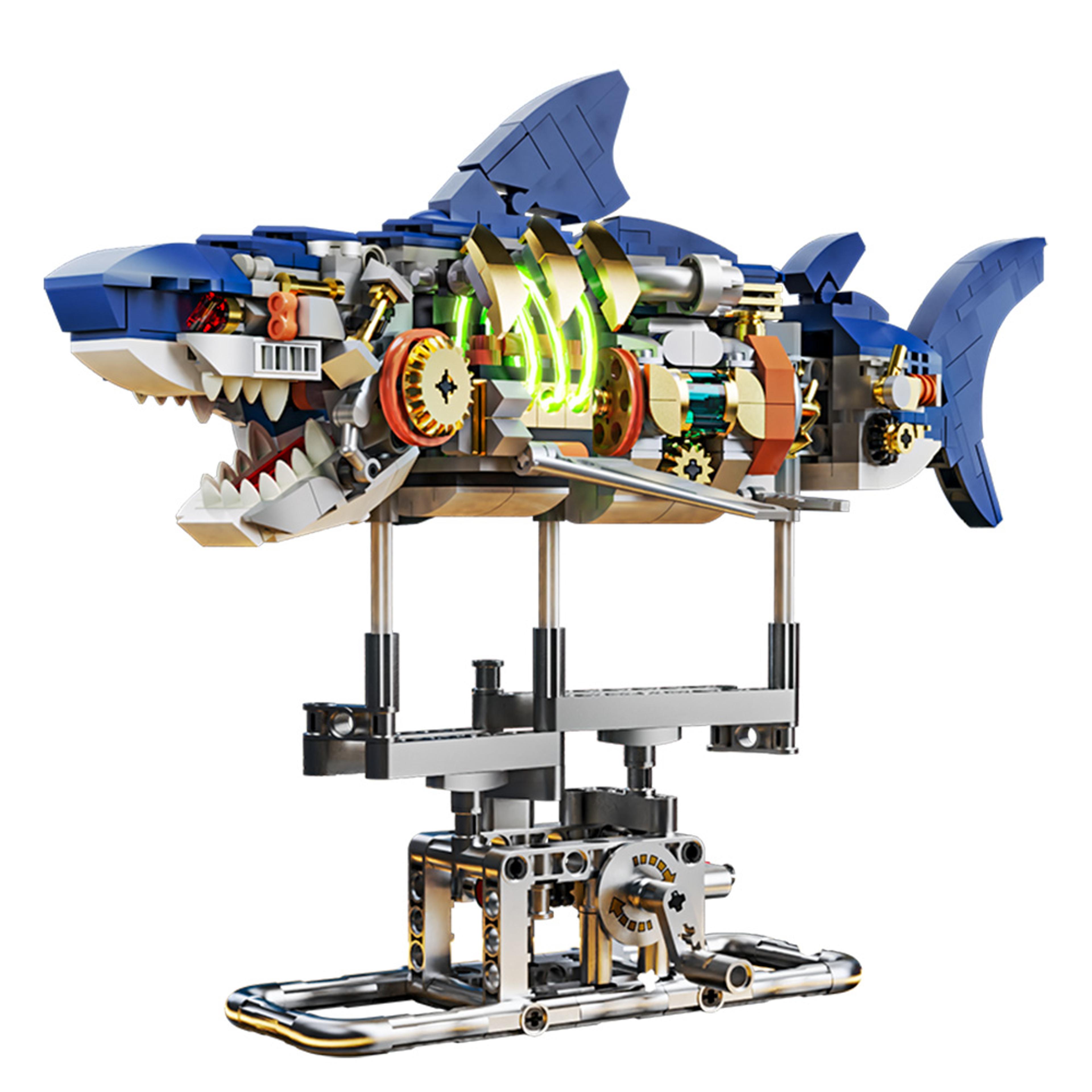 mechanical shark building set, shark sea life building blocks set with display stand and lights, ideal gift for kids