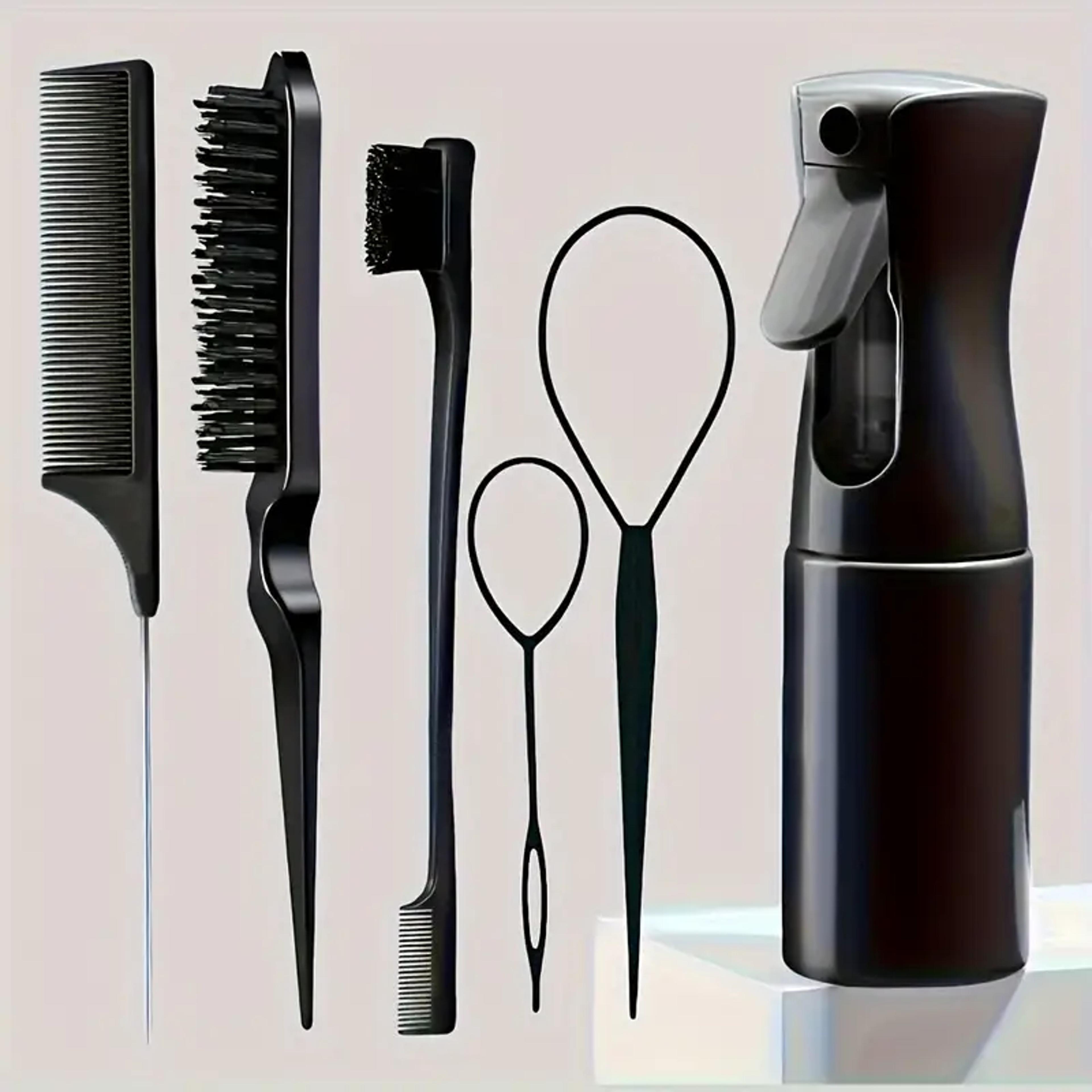 premium hair styling set: teasing brush, edge control brush, rat tail comb, and spray bottle for hairdressing