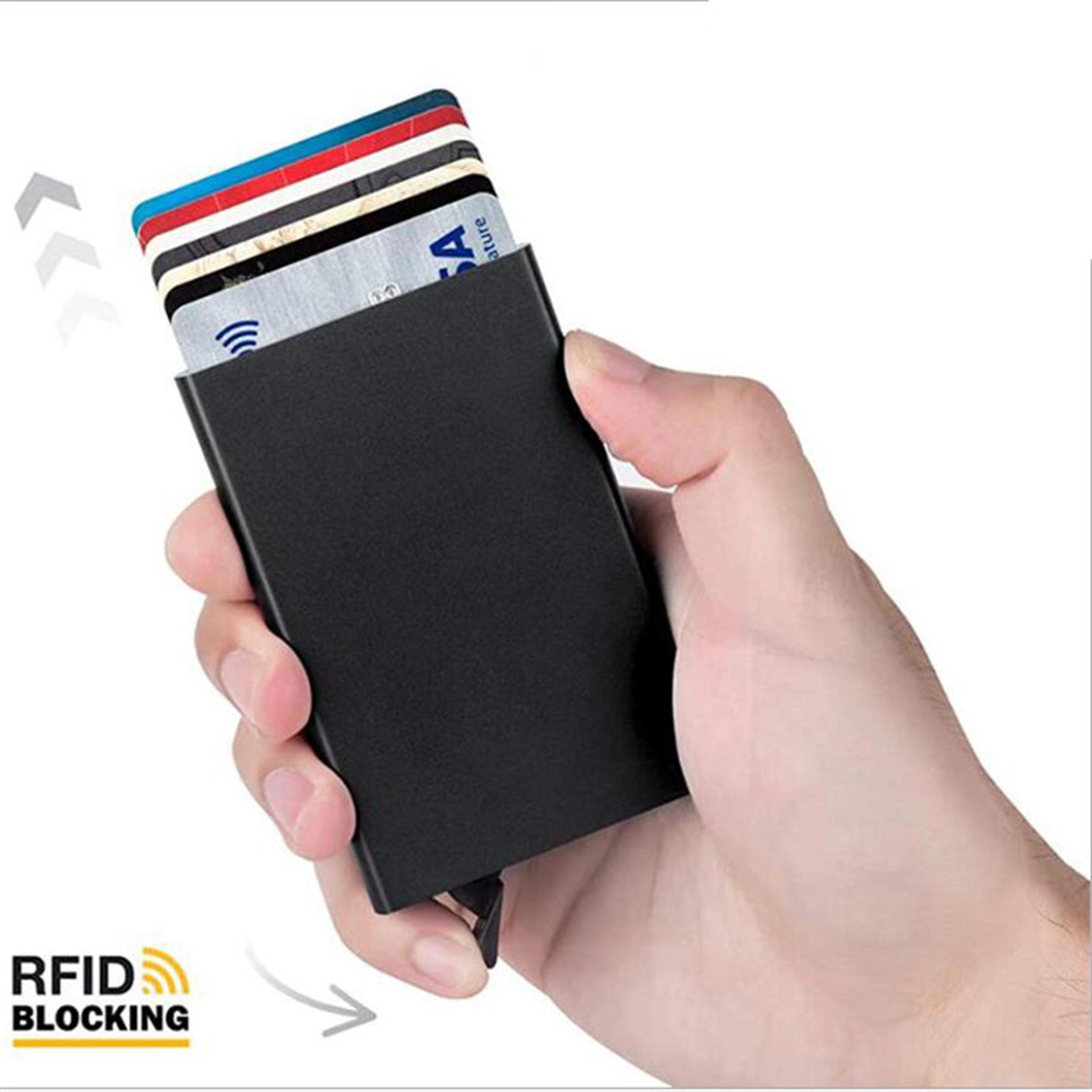 rfid minimalist wallet slim & stylish men & women card holder | pop-up design, metal rfid protection