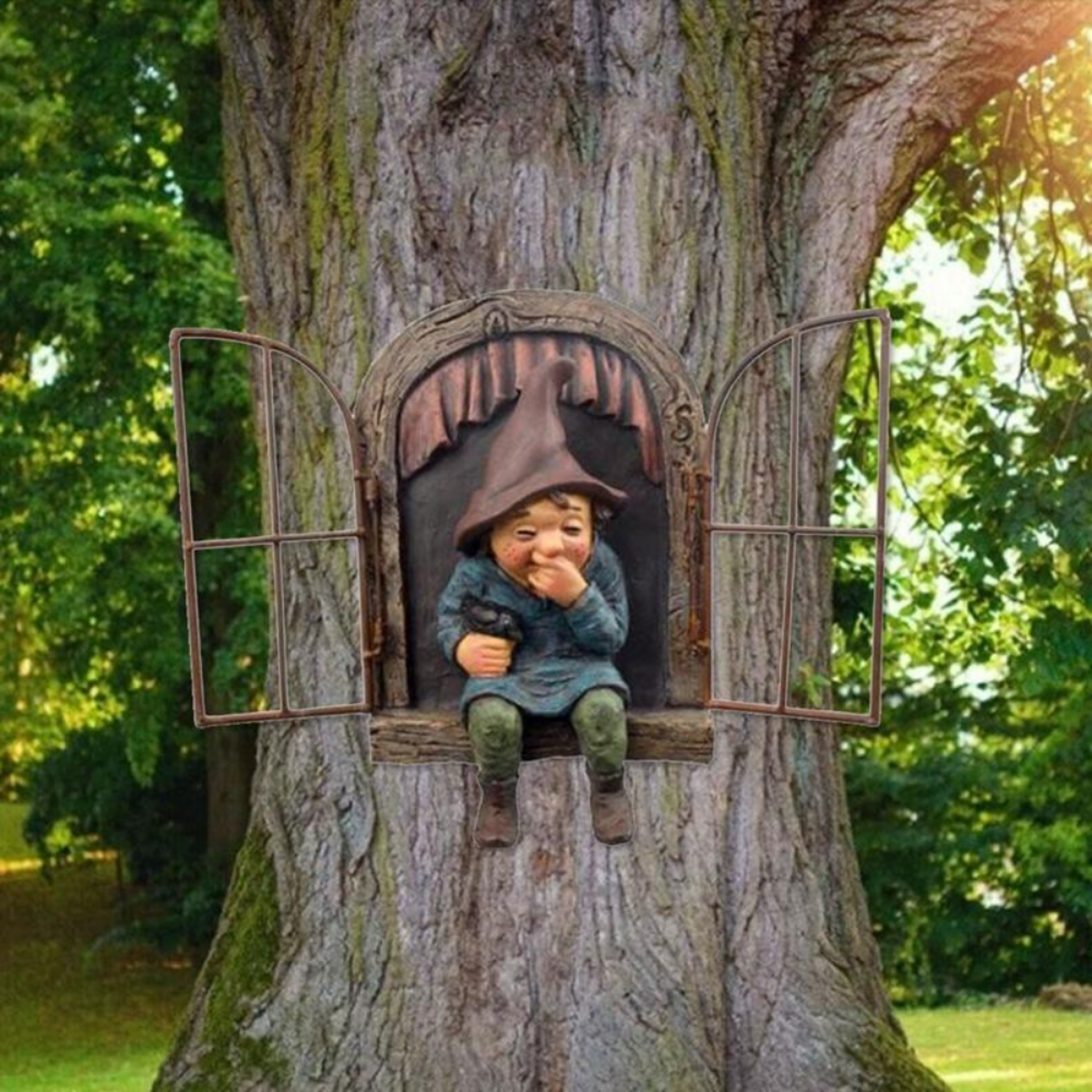 creative garden elf statue outdoor tree hugging decoration for yard, porch & courtyard