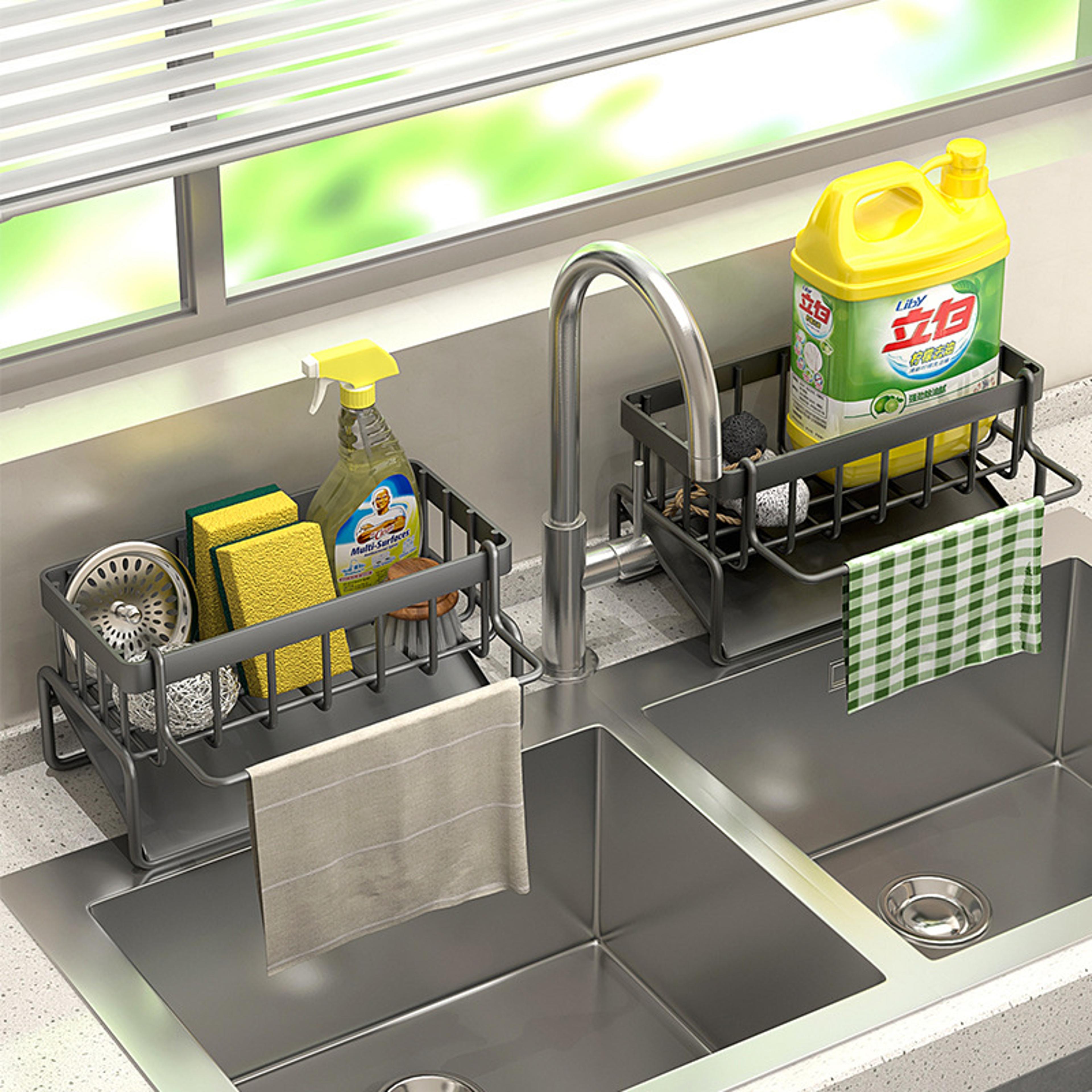 kitchen stainless steel sink drain rack - multi-purpose soap & sponge holder organizer