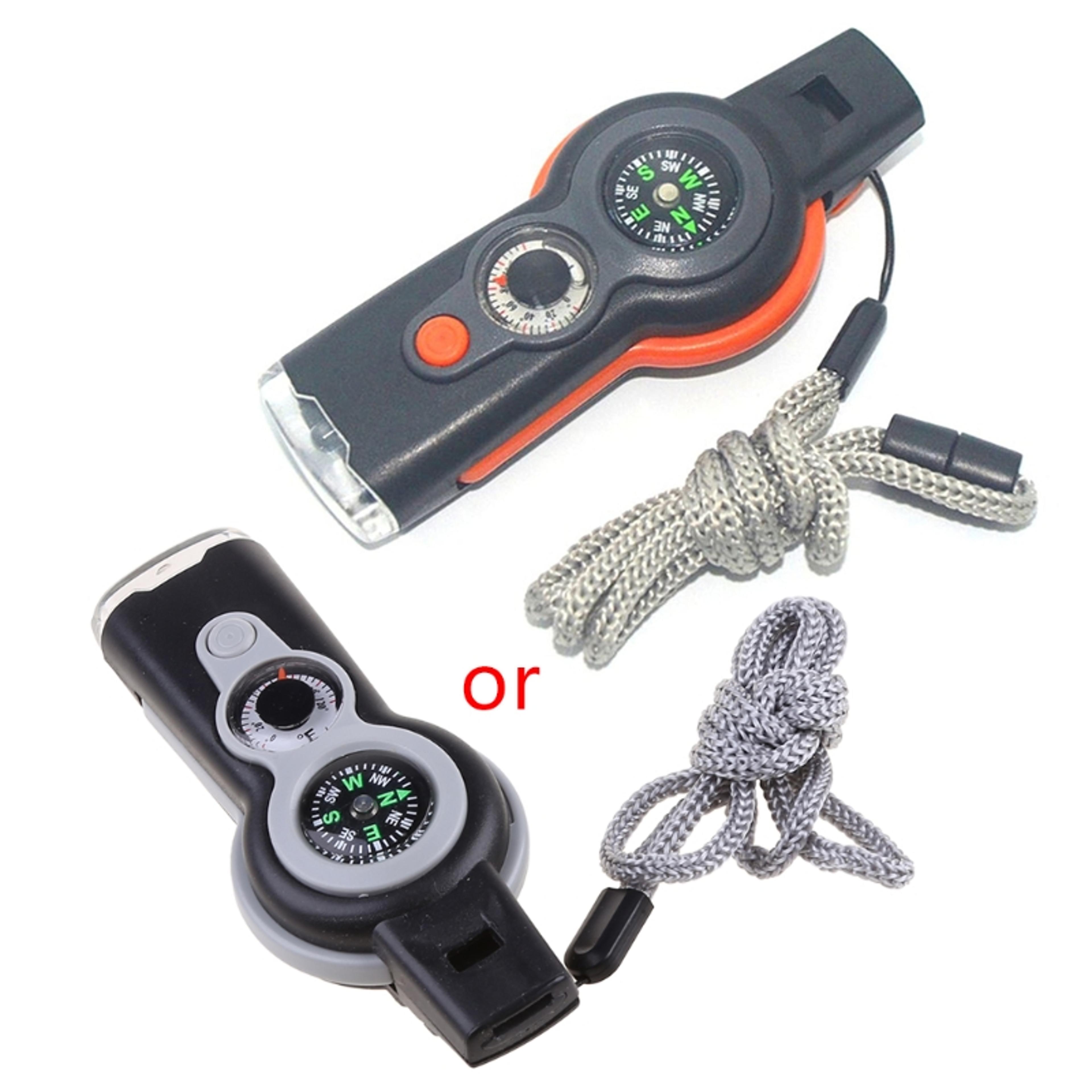 survival whistle with led light, compass, thermometer & magnifier perfect outdoor emergency tool