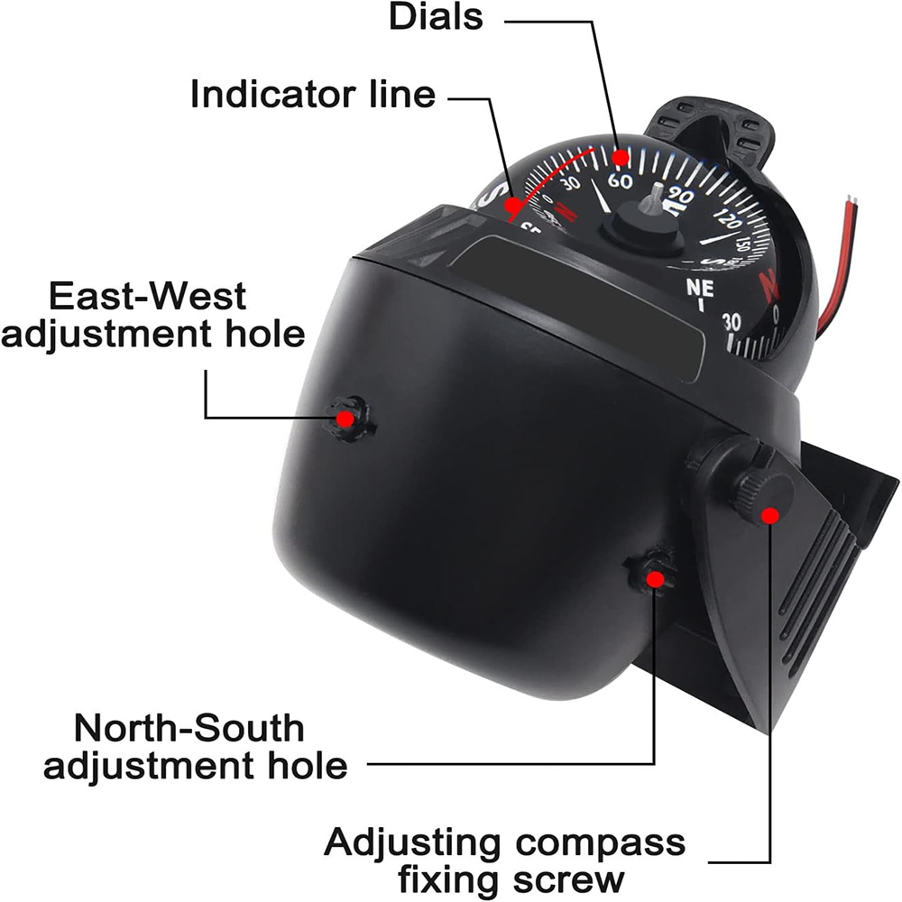 boat navigation compass with led light high precision pivoting, flush mount for marine vehicle dashboards