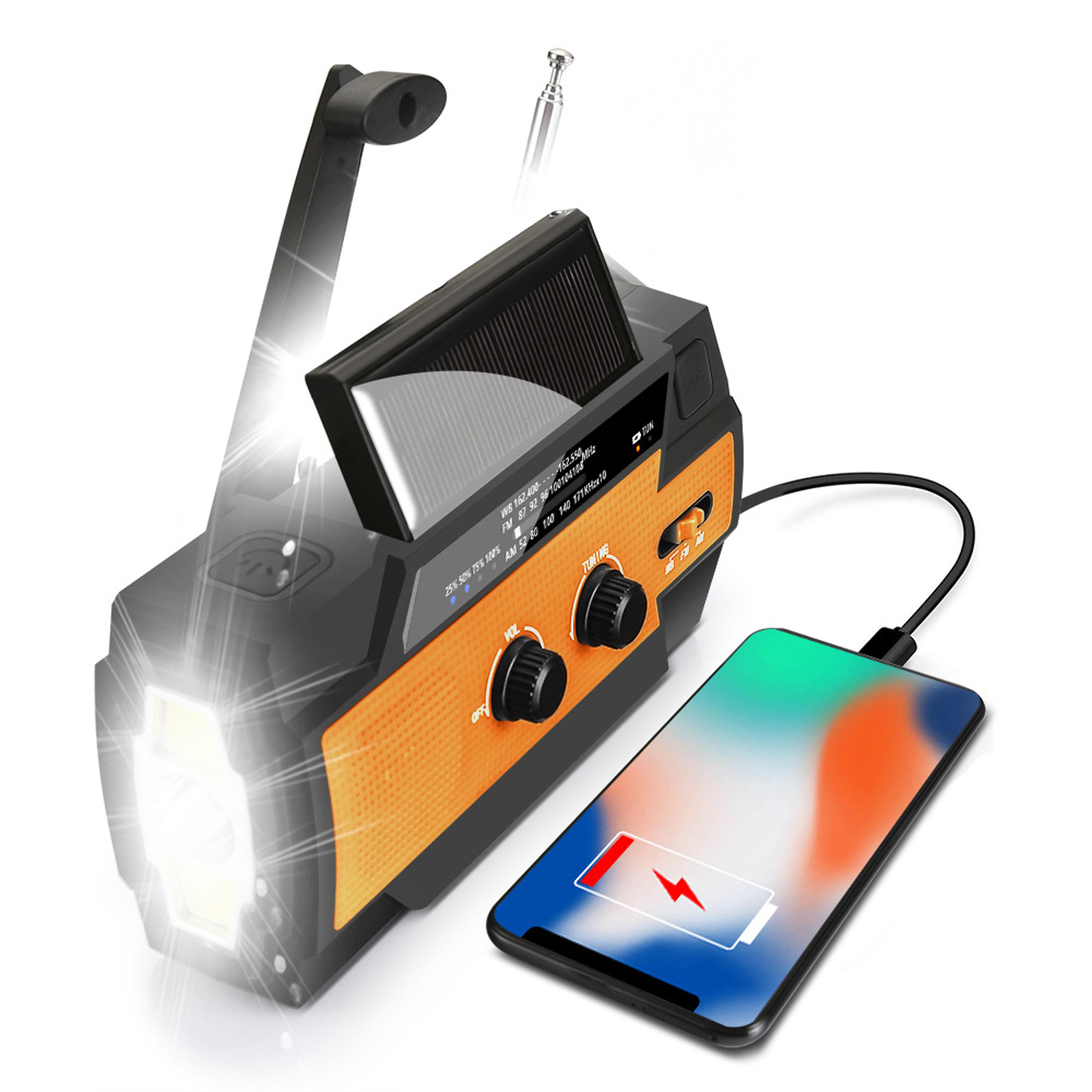 hand crank solar charging power bank with led flashlight & sos alarm