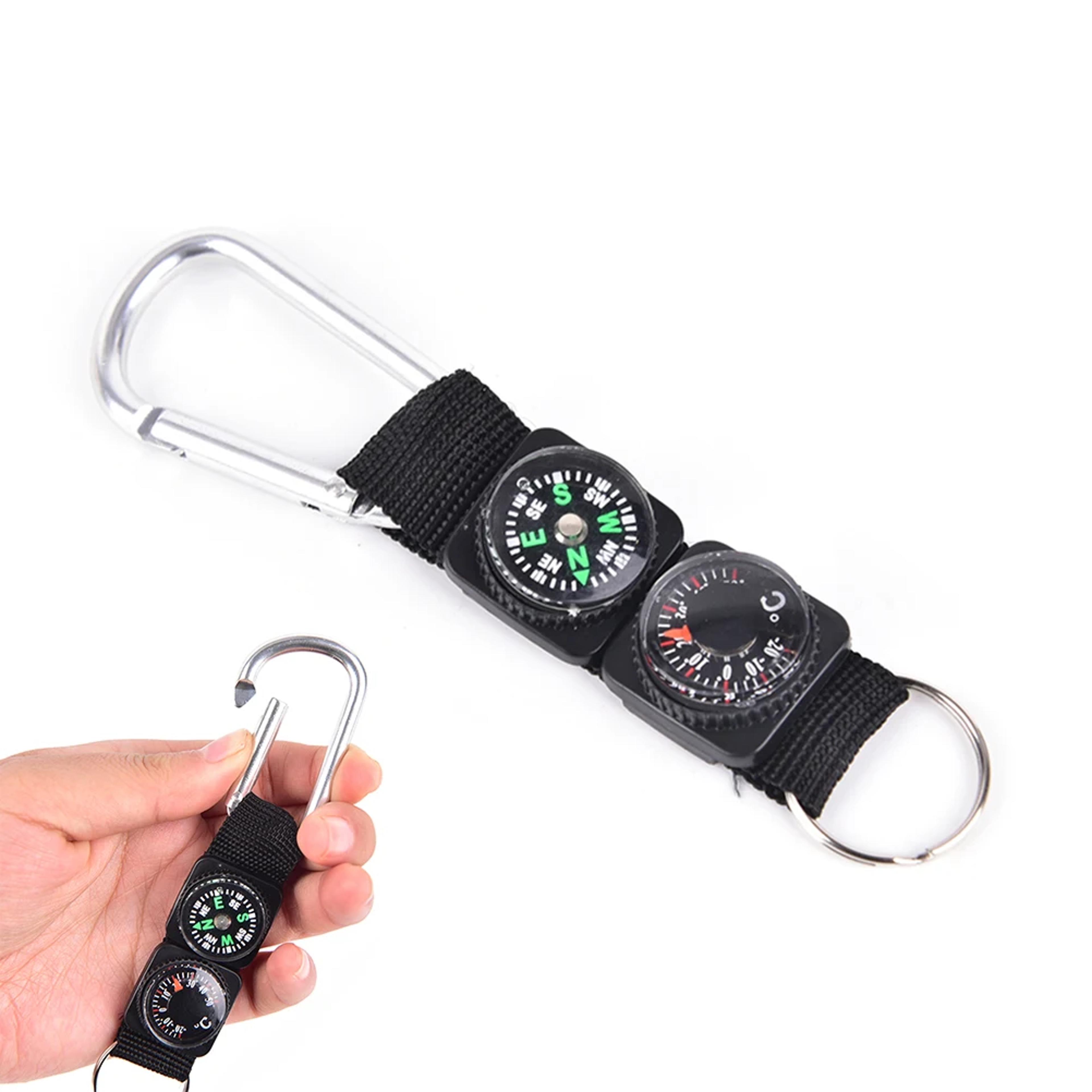 all-in-one outdoor survival compass keychain with thermometer and carabiner hook