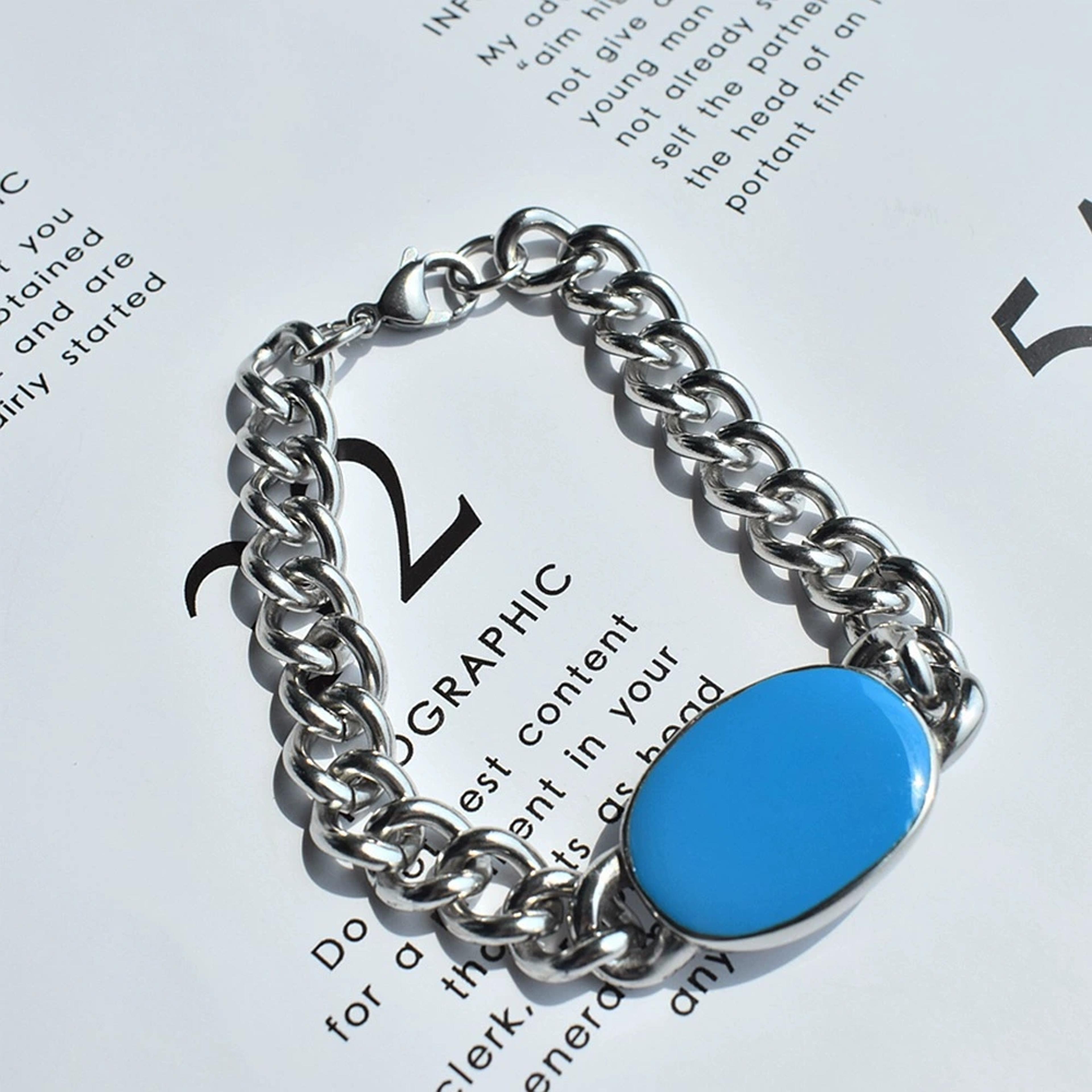 salman khan inspired blue enamel cuban chain bracelet for men stainless steel style jewelry