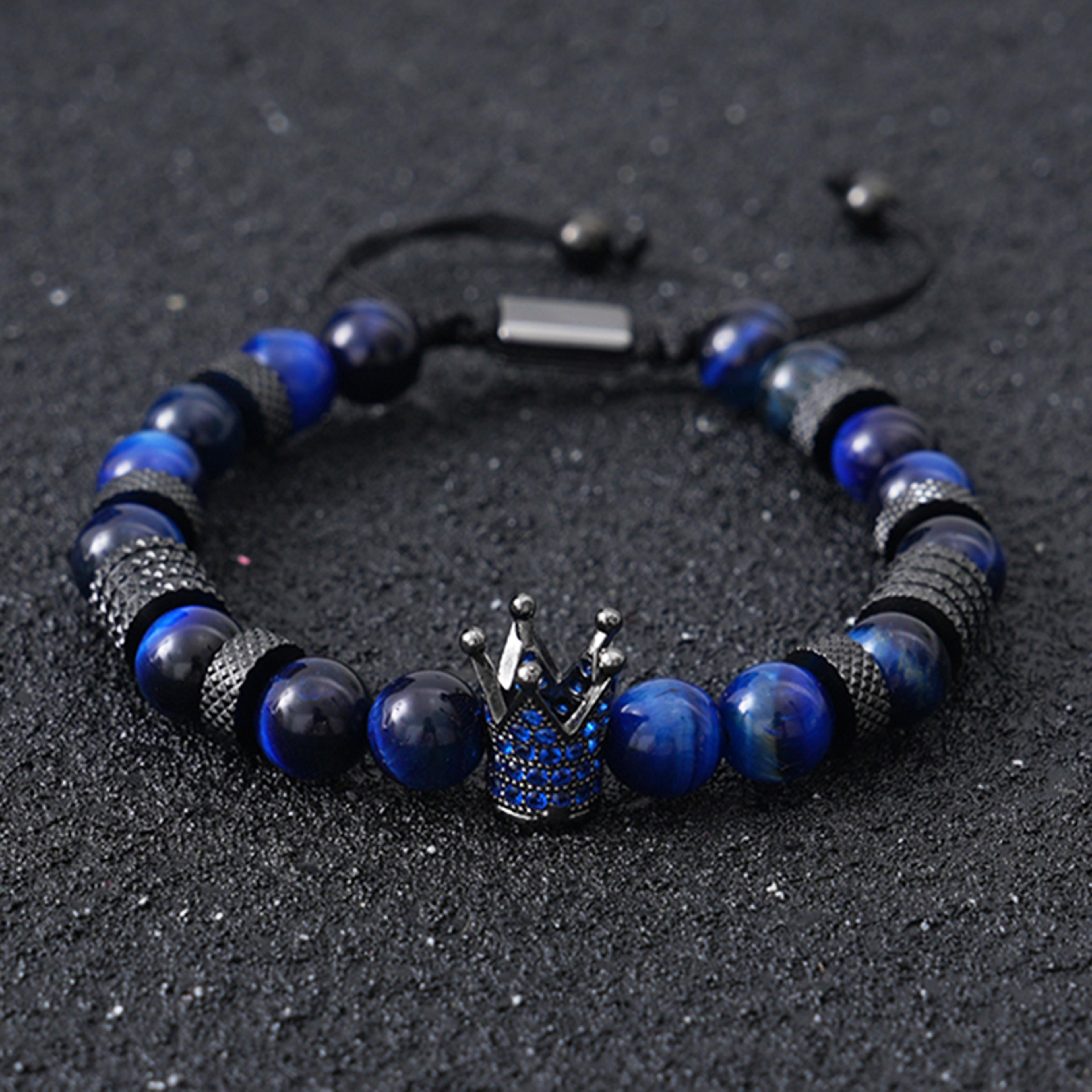 tiger eye bead bracelet with crown charm stainless steel adjustable unisex jewelry gift