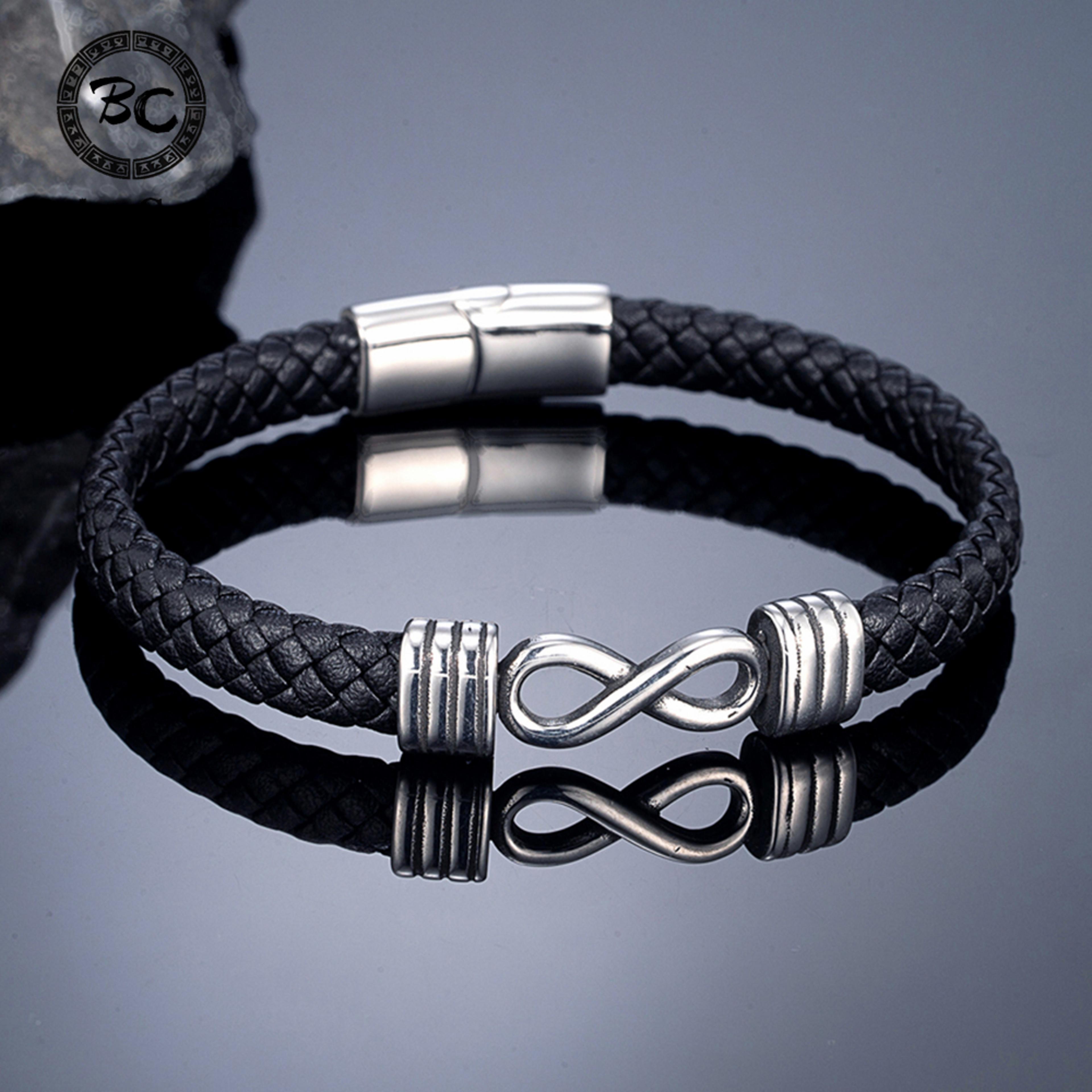 handmade genuine leather bracelet with infinity mobius steel band for men and couples gift