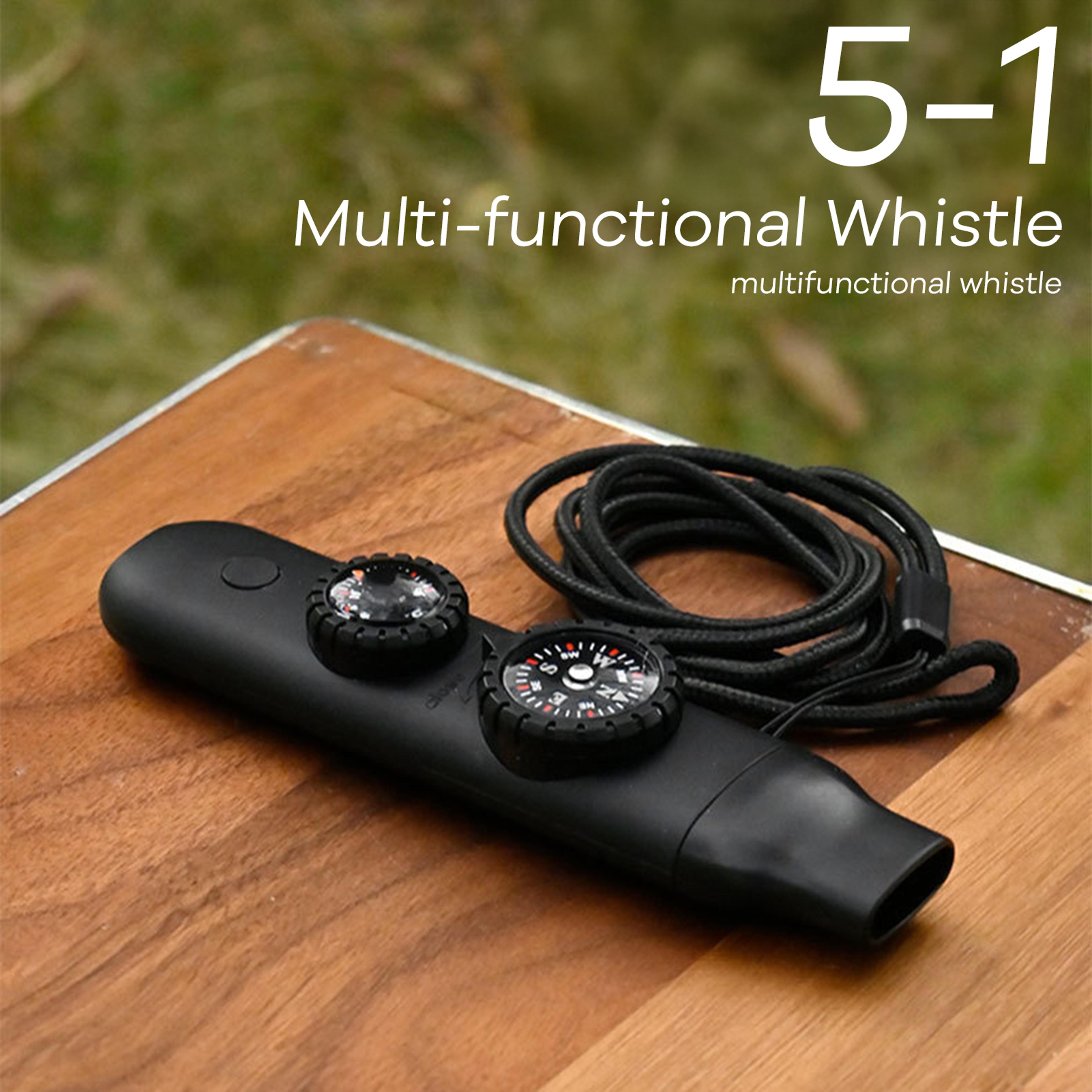 all-in-one survival whistle with led light, compass and thermometer for outdoor safety gear