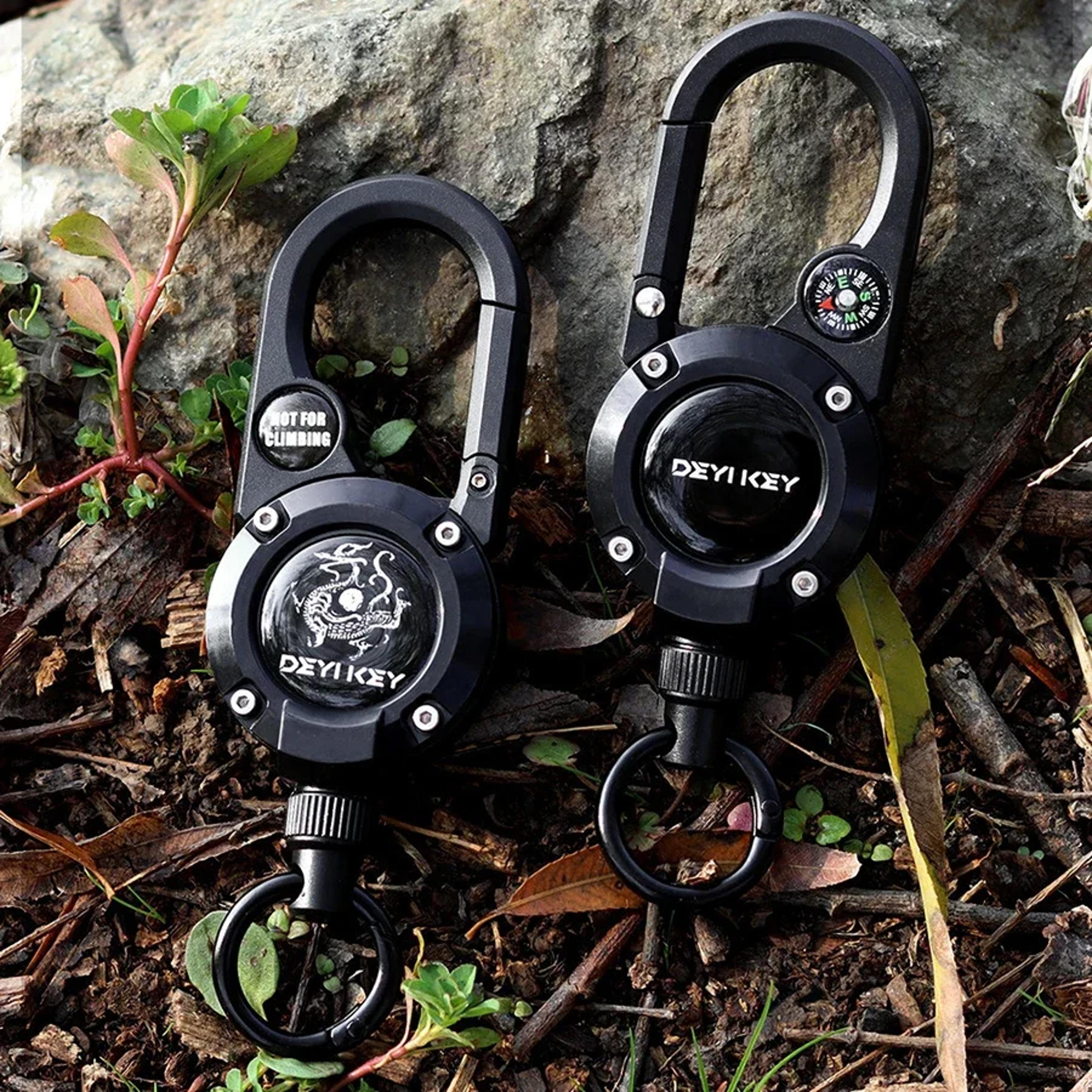 portable retractable keychain with compass and steel wire carabiner reel