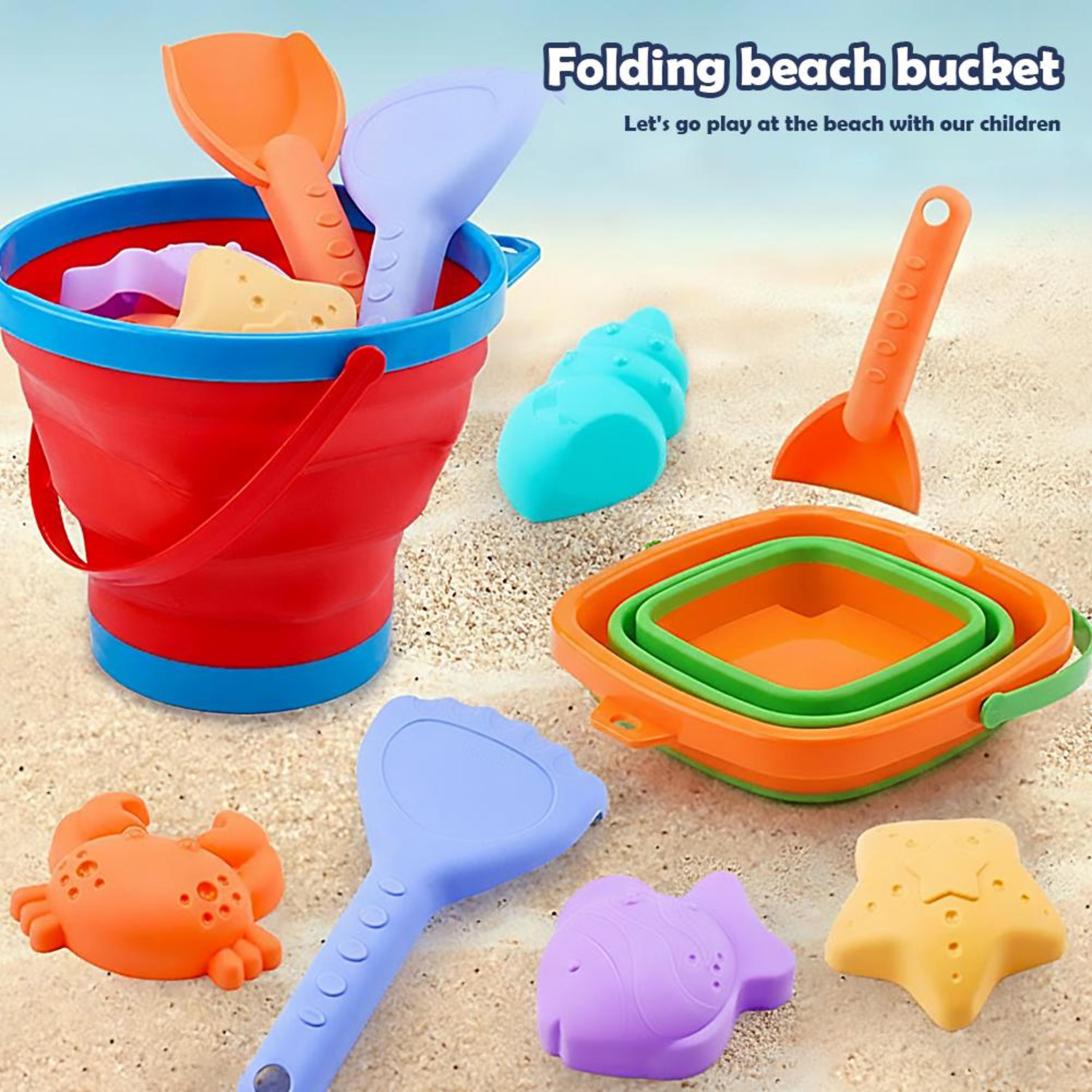 foldable beach toys set with collapsible bucket and molds portable sand play kit for toddlers