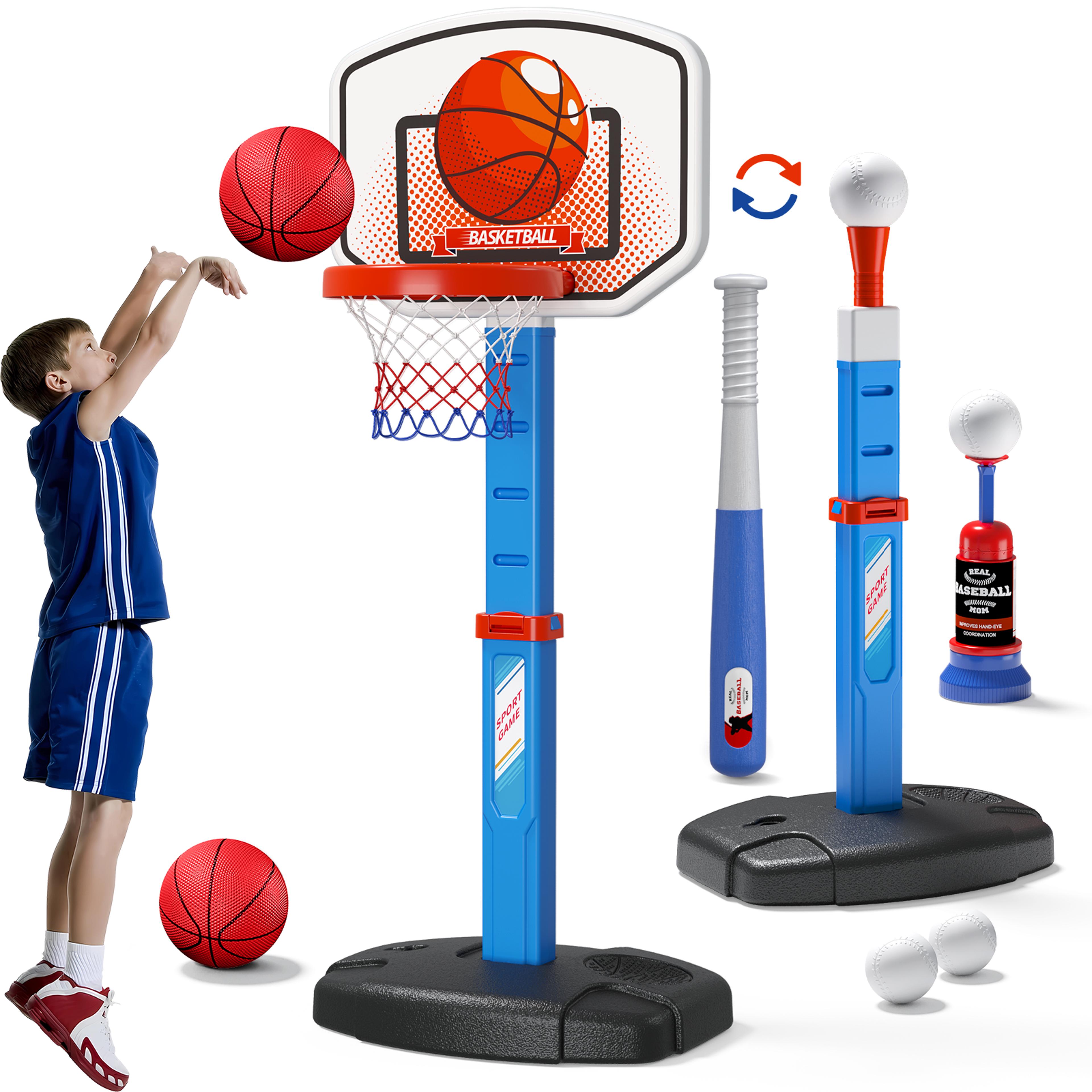 kids basketball hoop set with t ball trainer and automatic pitching machine toy for toddlers