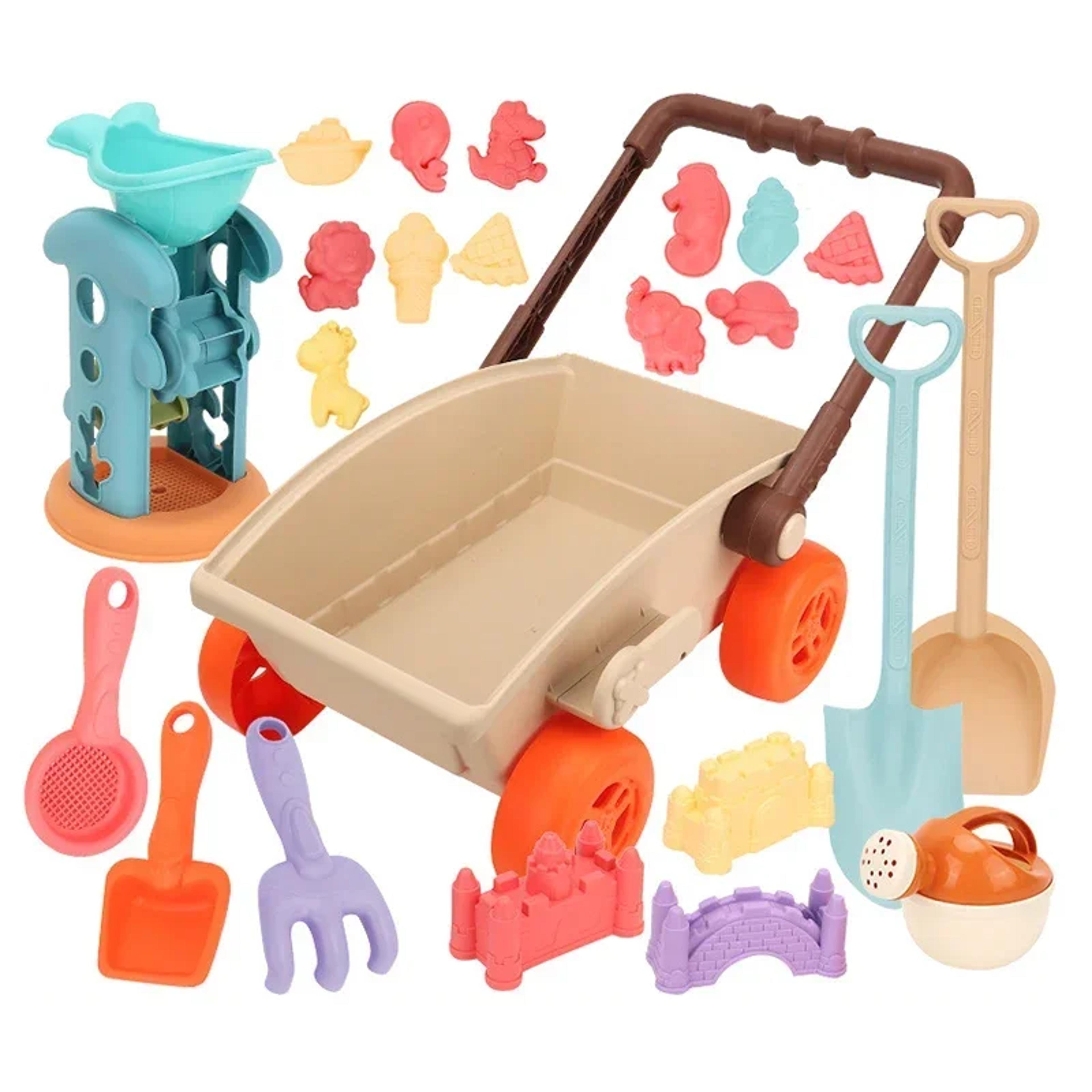 kids beach toy set with trolley, collapsible bucket, sand molds and mesh bag for easy play