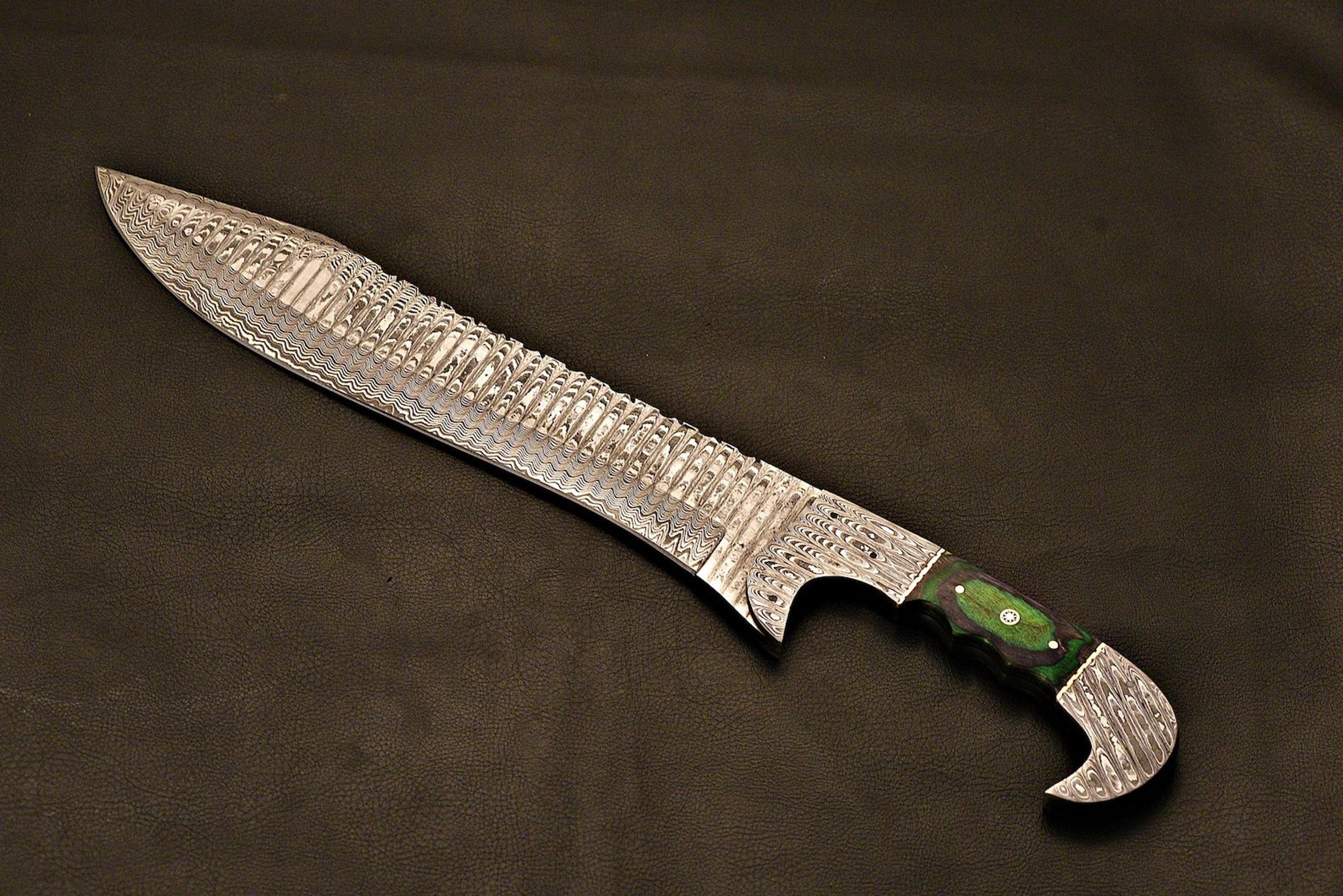 hand-forged falcon bowie knife | damascus steel holiday gift with leather sheath