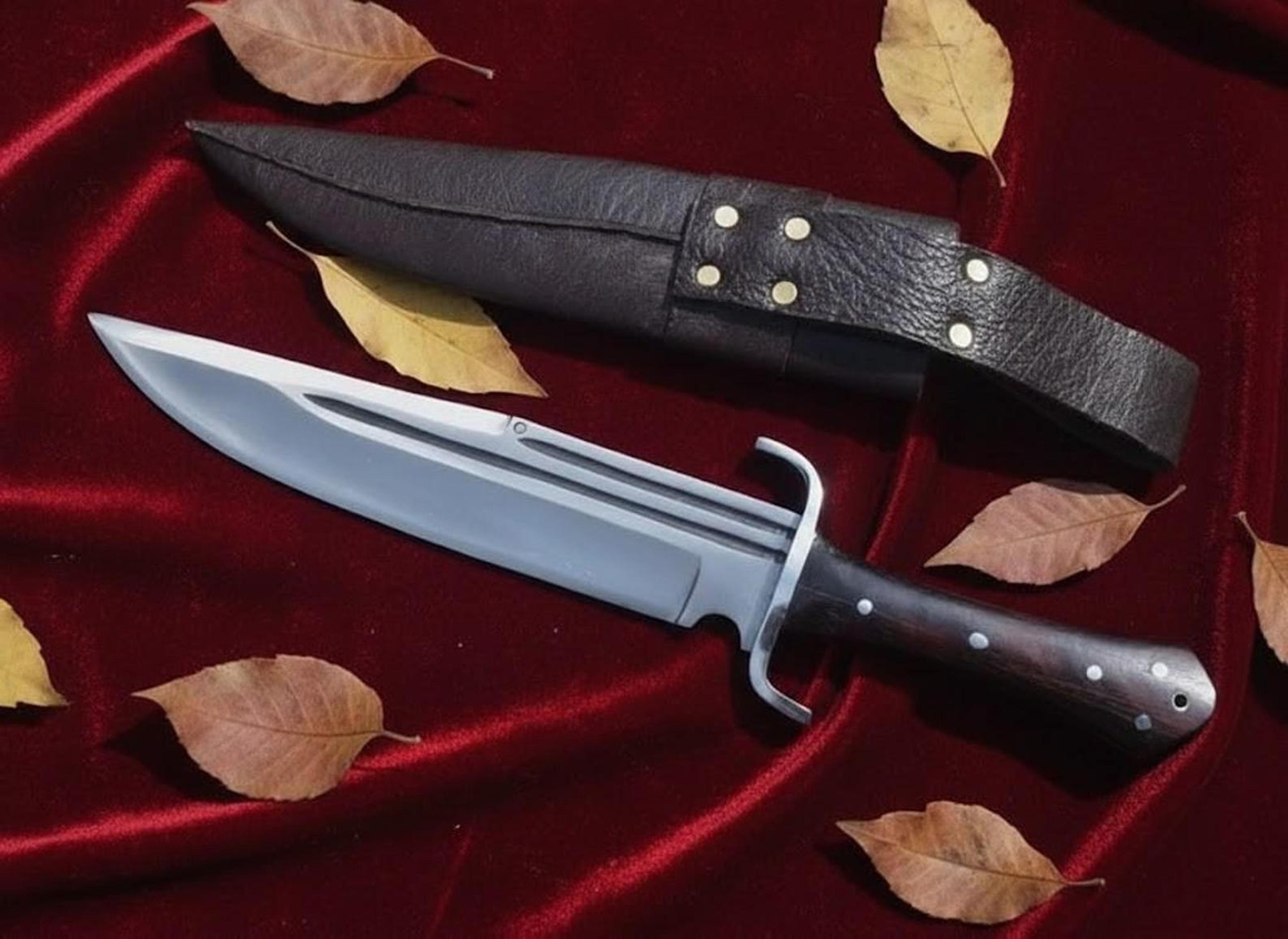 handmade carbon steel bowie knife 13" rosewood handle hunting knife with leather sheath