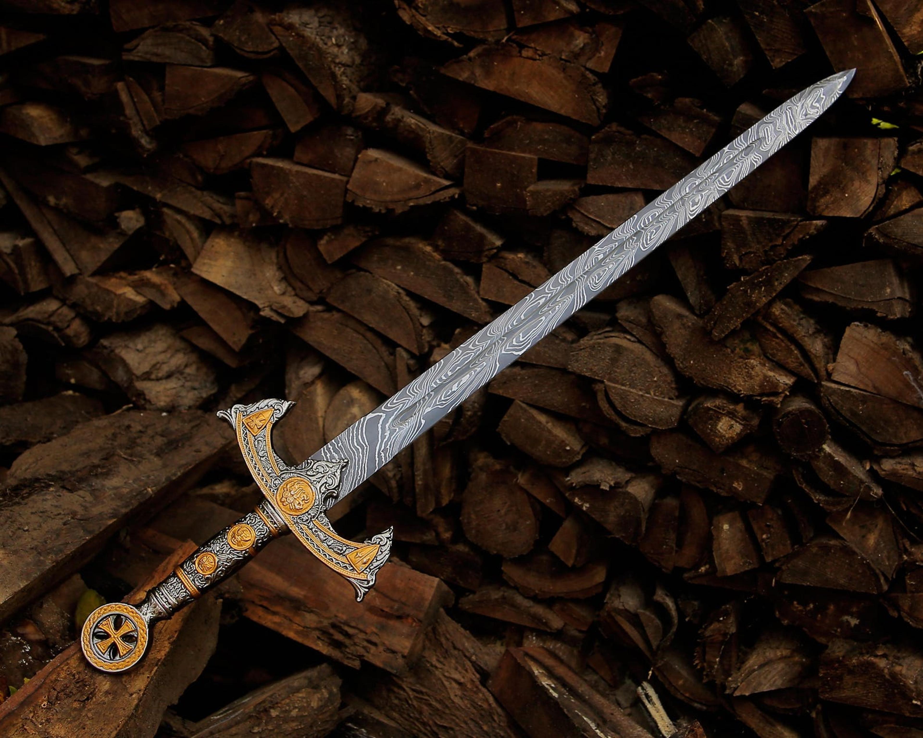 handmade damascus steel long sword 40" medieval fantasy blade gold guard collector