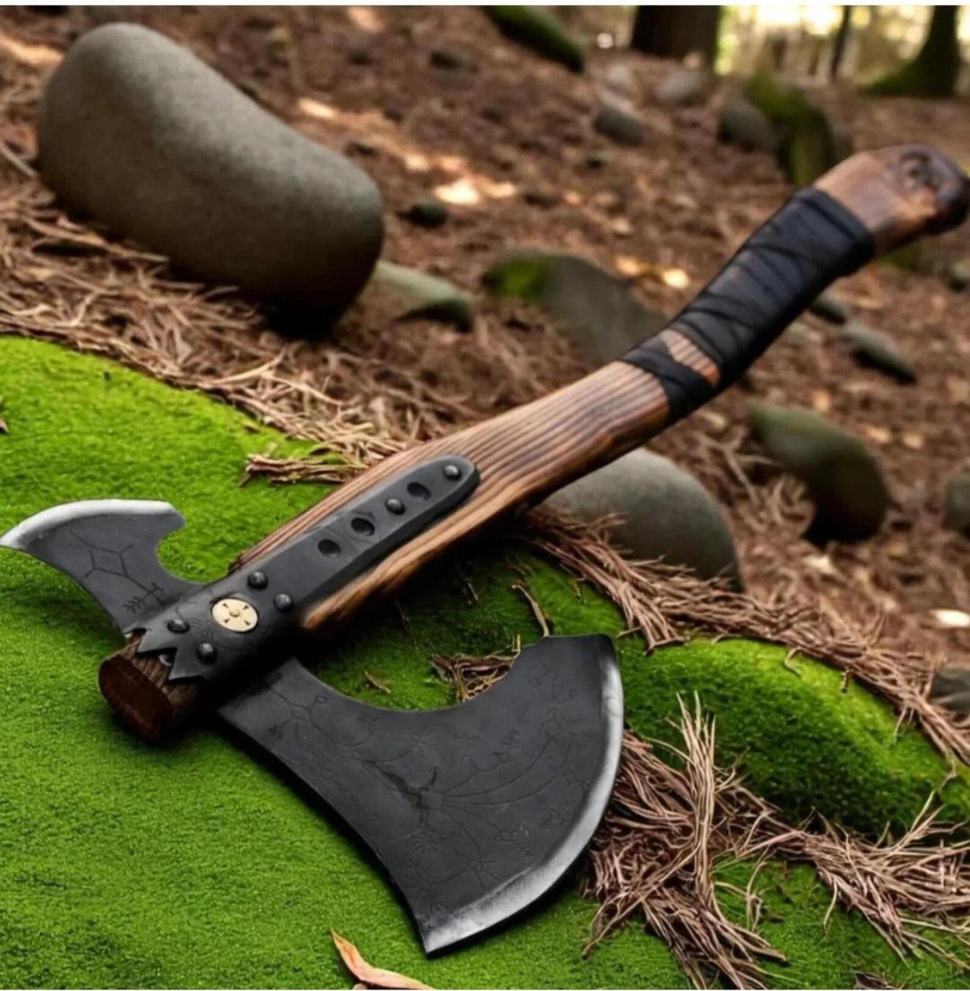 forged steel viking double blade axe carved wood handle collectible outdoor tool