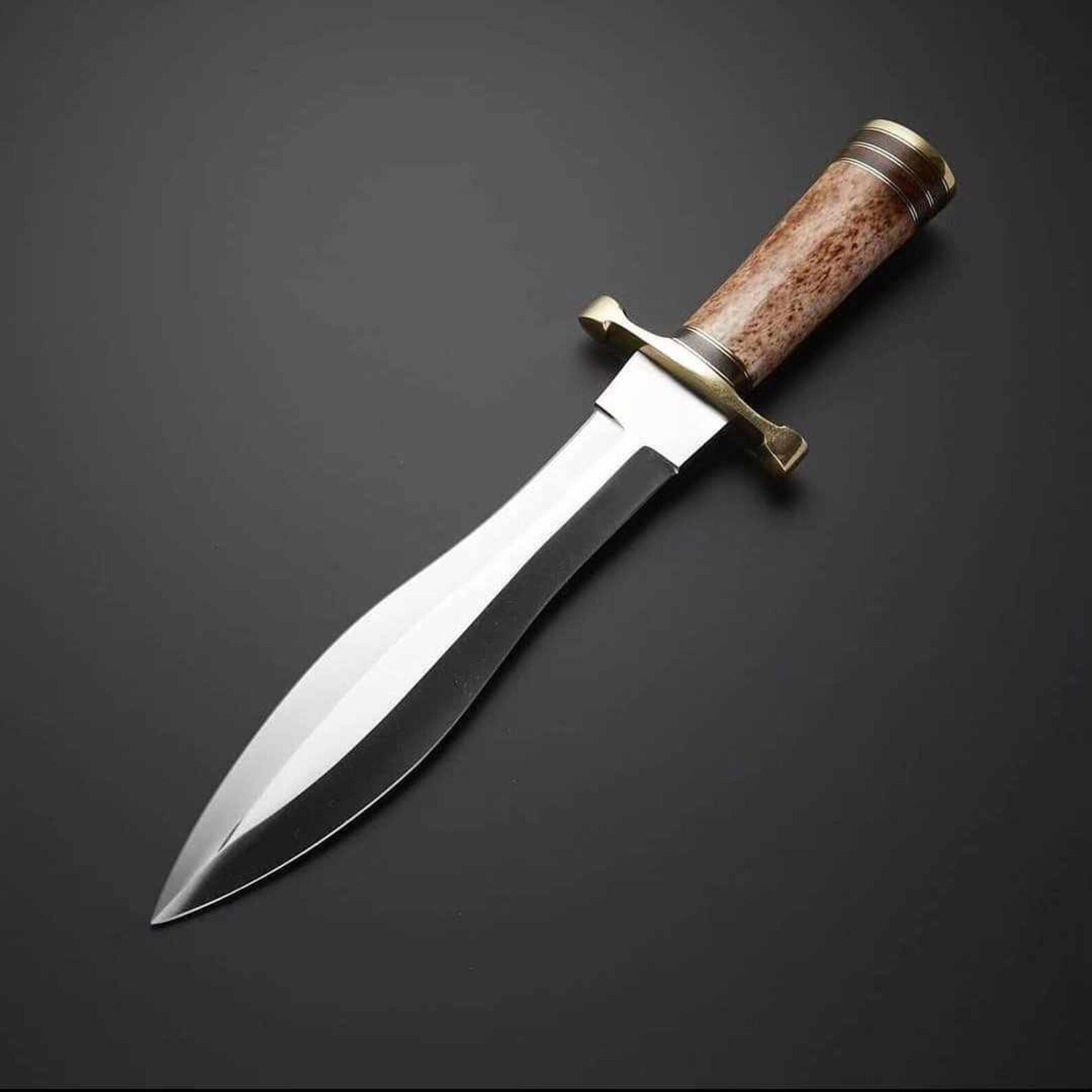 handmade bowie hunting knife with stainless steel clip point blade & leather sheath for survival camping
