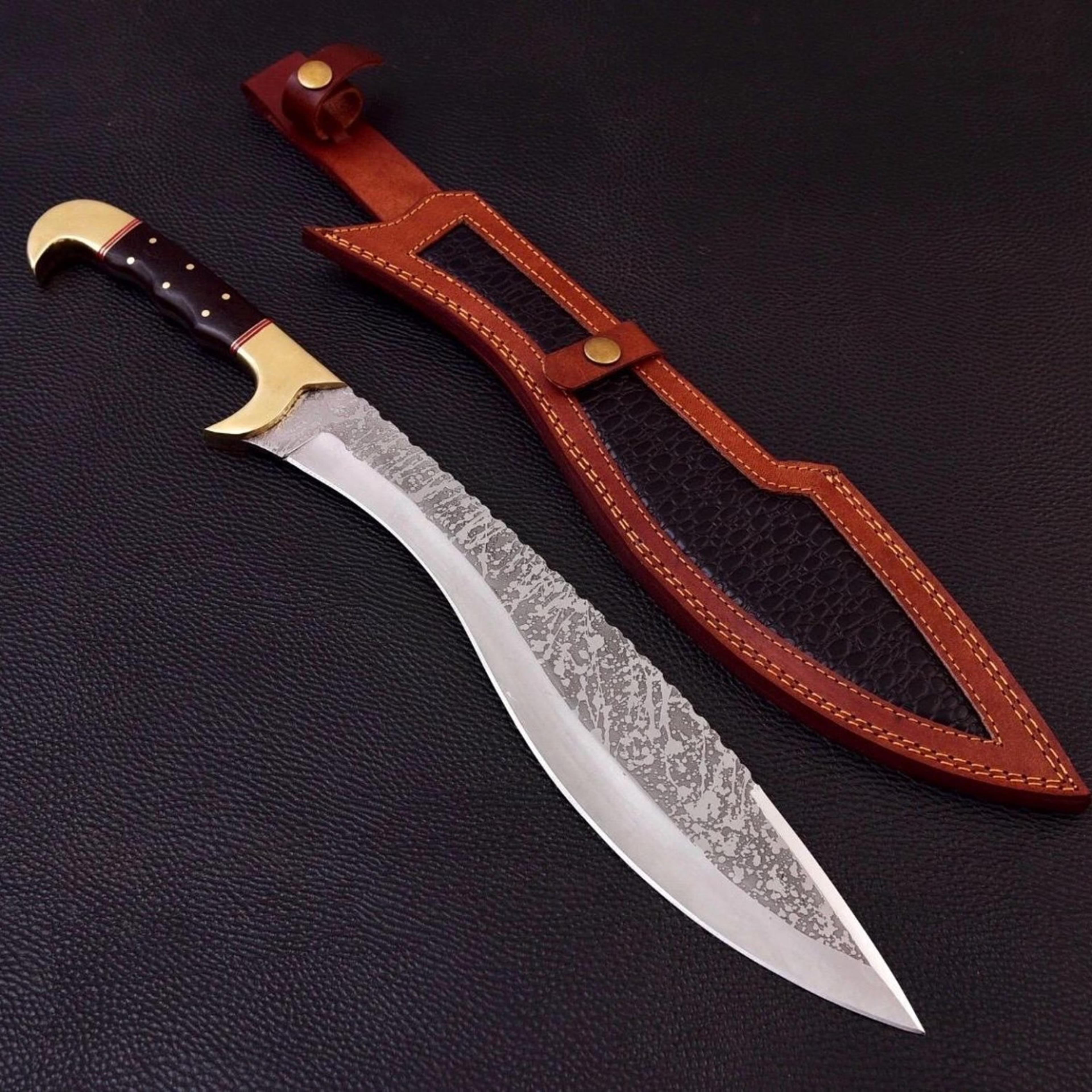 16.5in handmade kukri bowie knife damascus steel recurve blade black wood handle & leather sheath