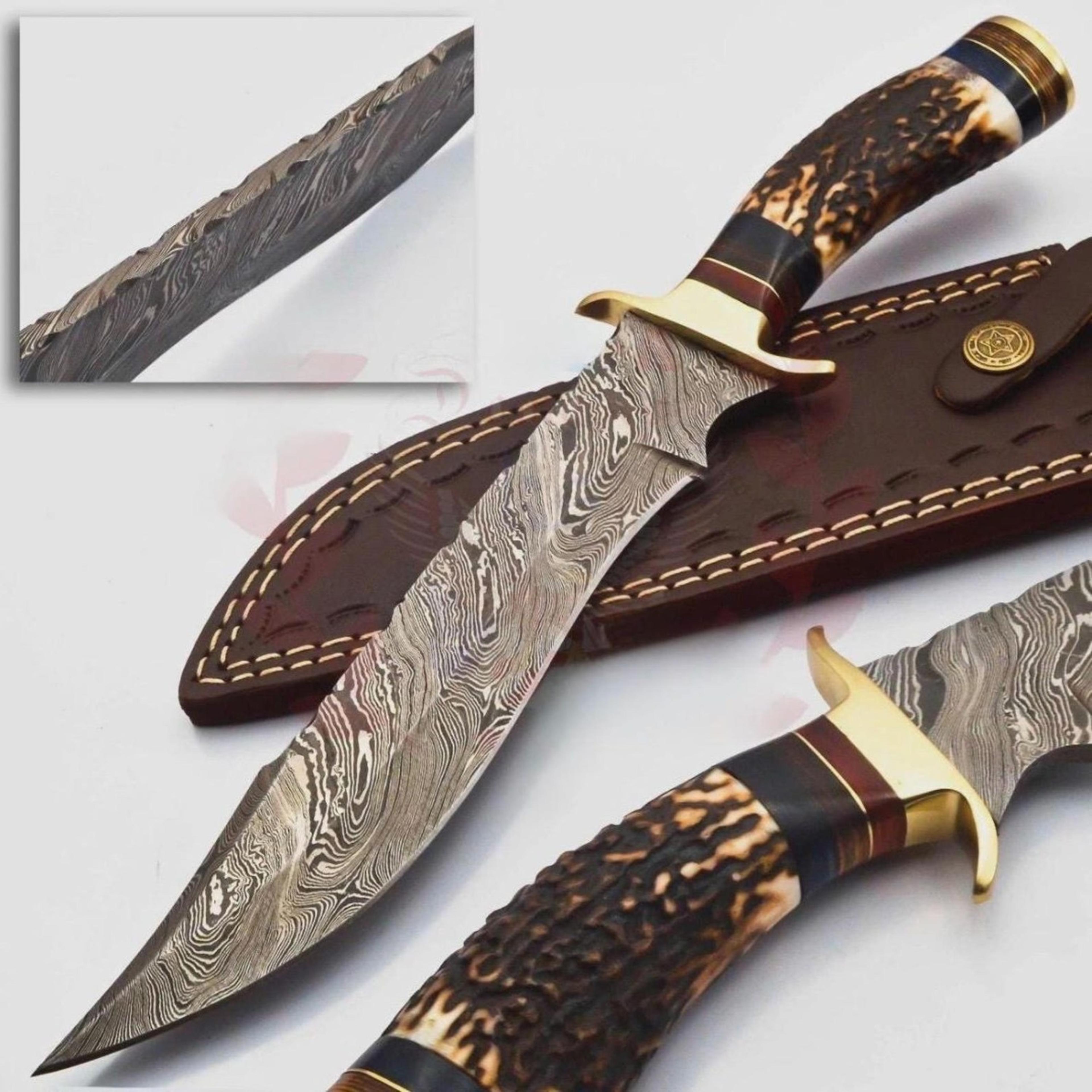 15in damascus stag horn bowie knife pattern steel blade brass guard & brown leather sheath for collectors