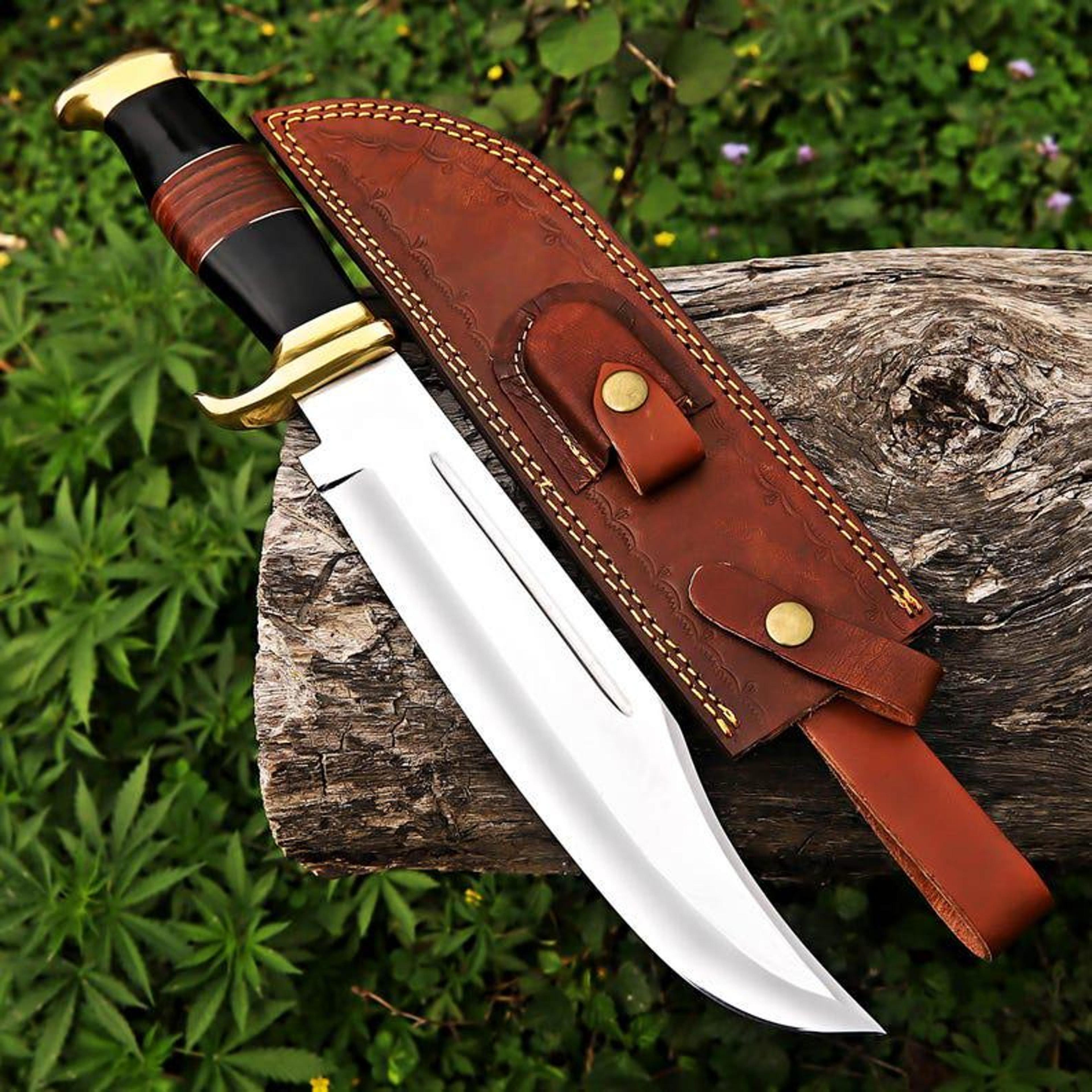 custom 18 inch handmade bowie knife with d2 steel blade bull horn and leather handle brass fitt