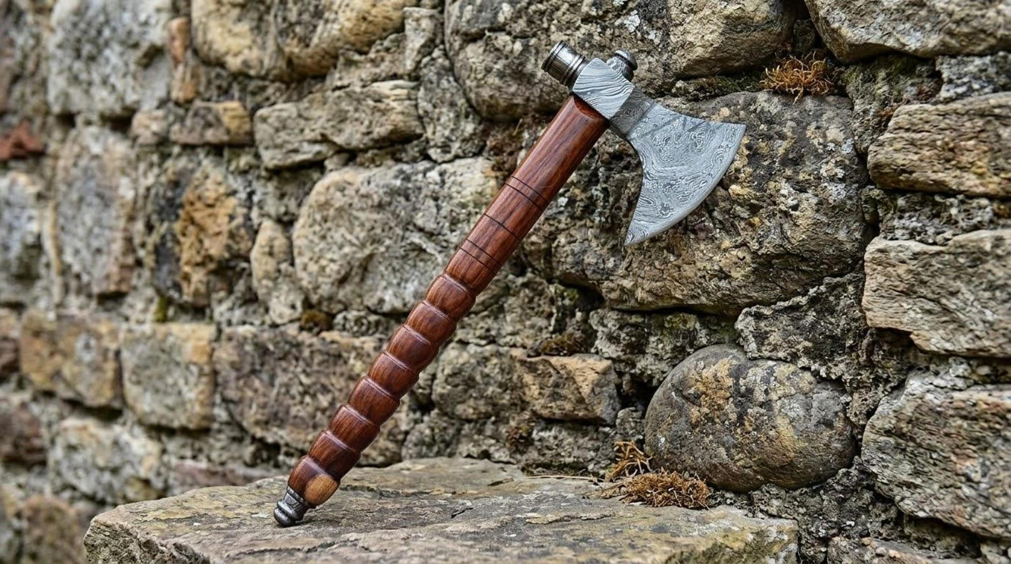 hand-forged damascus viking axe 18 inch tomahawk hatchet with rosewood handle and genuine leath