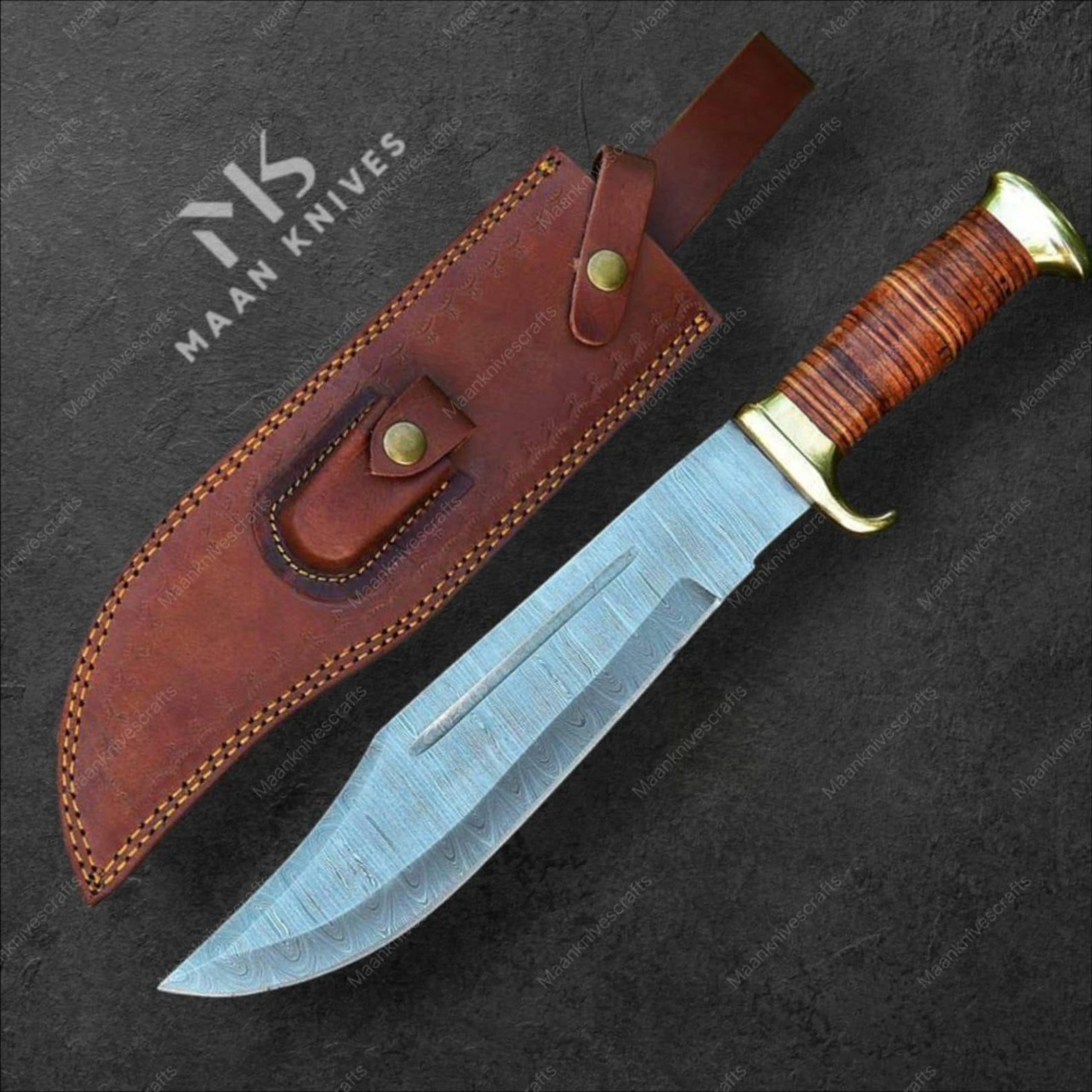handmade damascus bowie knife – large clip point hunting blade with stacked leather handle & brown leather sheath