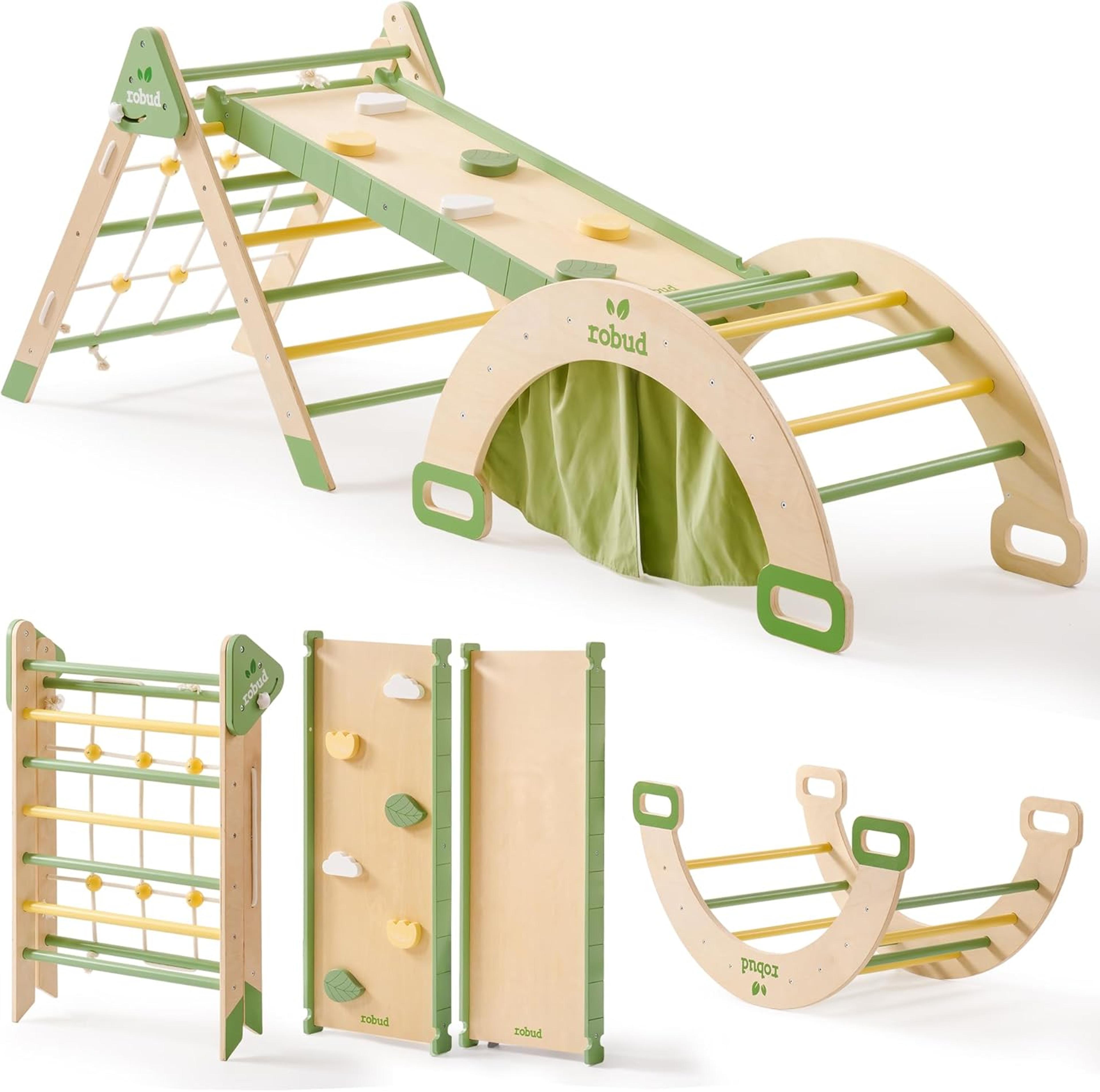 robotime robud 7-in-1 foldable wooden climbing toy montessori triangle set with slide & rope net for girls & boys