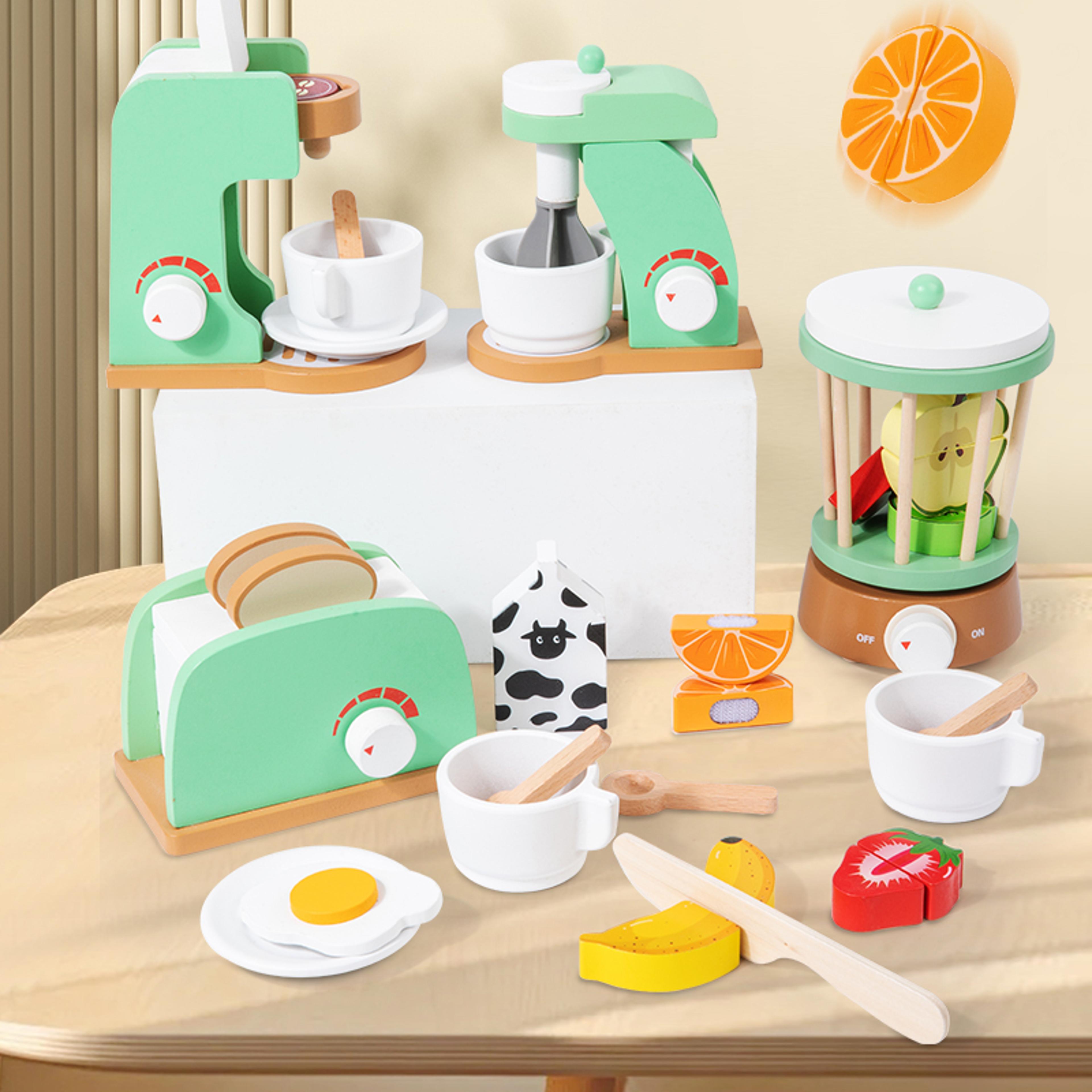 montessori wooden kitchen pretend play set, simulation coffee maker, toaster, plates dishes accessories, toddler gift