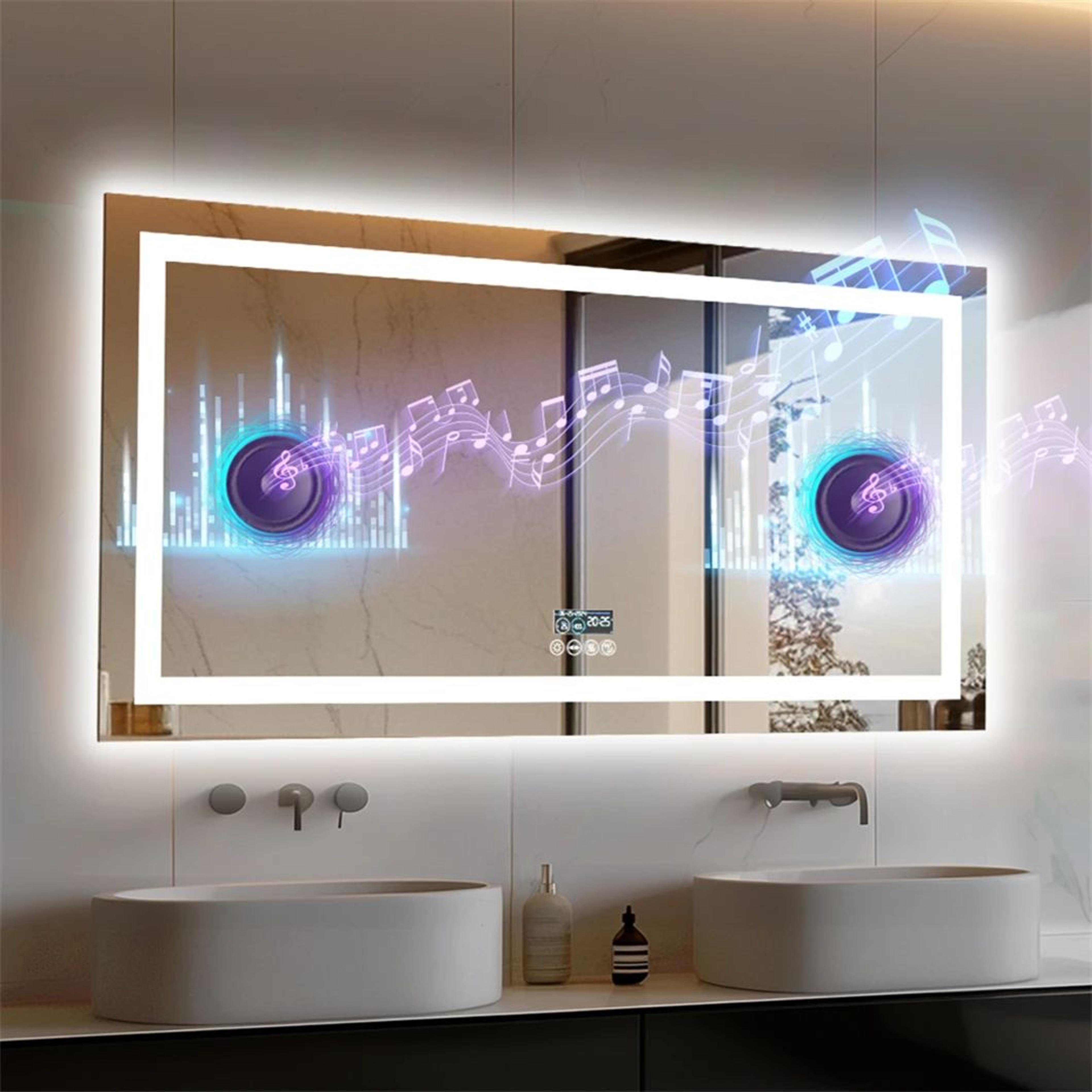 bathroom mirror smart led vanity mirror wall mounted with bluetooth, digital display, back & front lit, anti fog