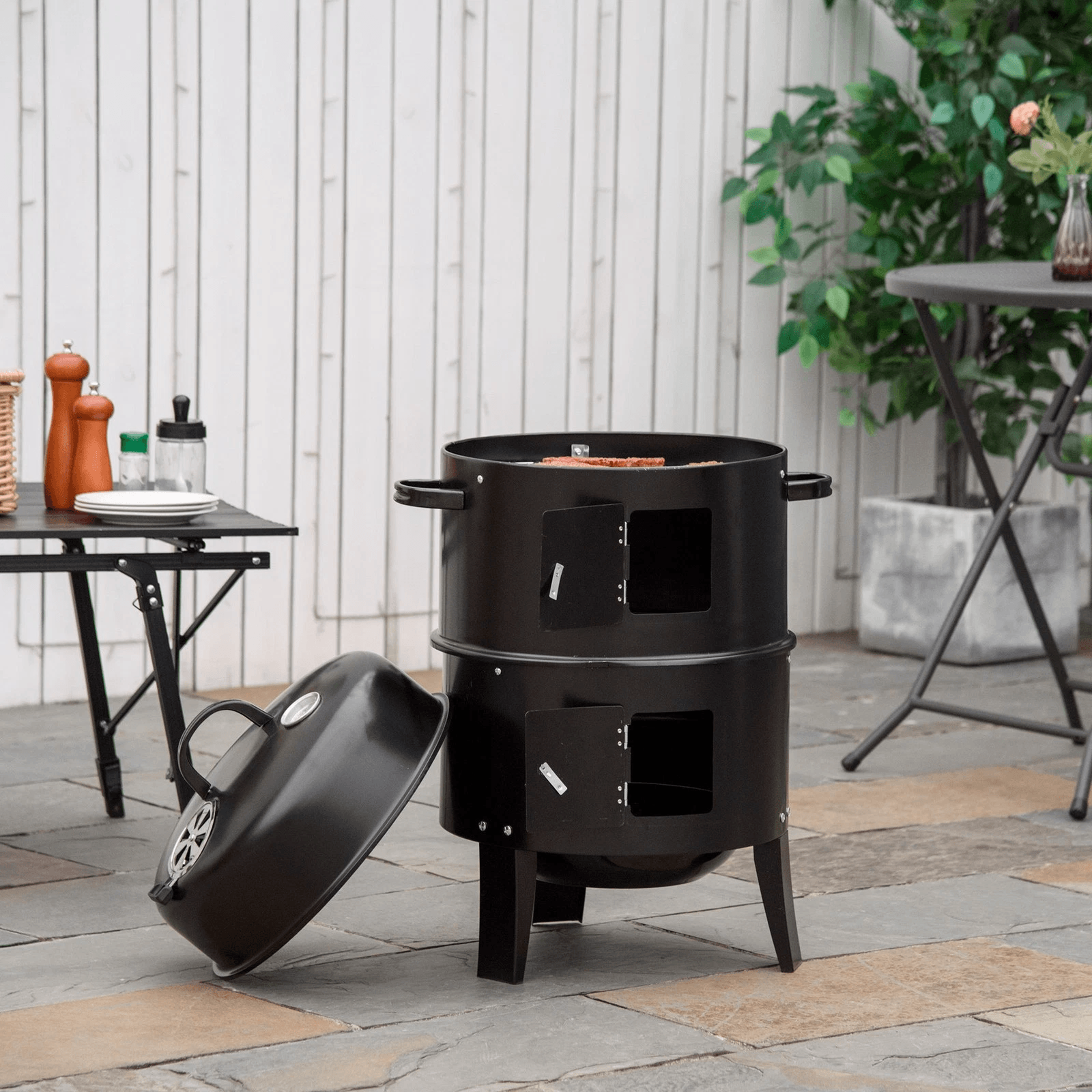 outdoor bbq charcoal smoker & grill with cooking racks, built-in heat thermometer, heavy duty outdoor barbecue smoker