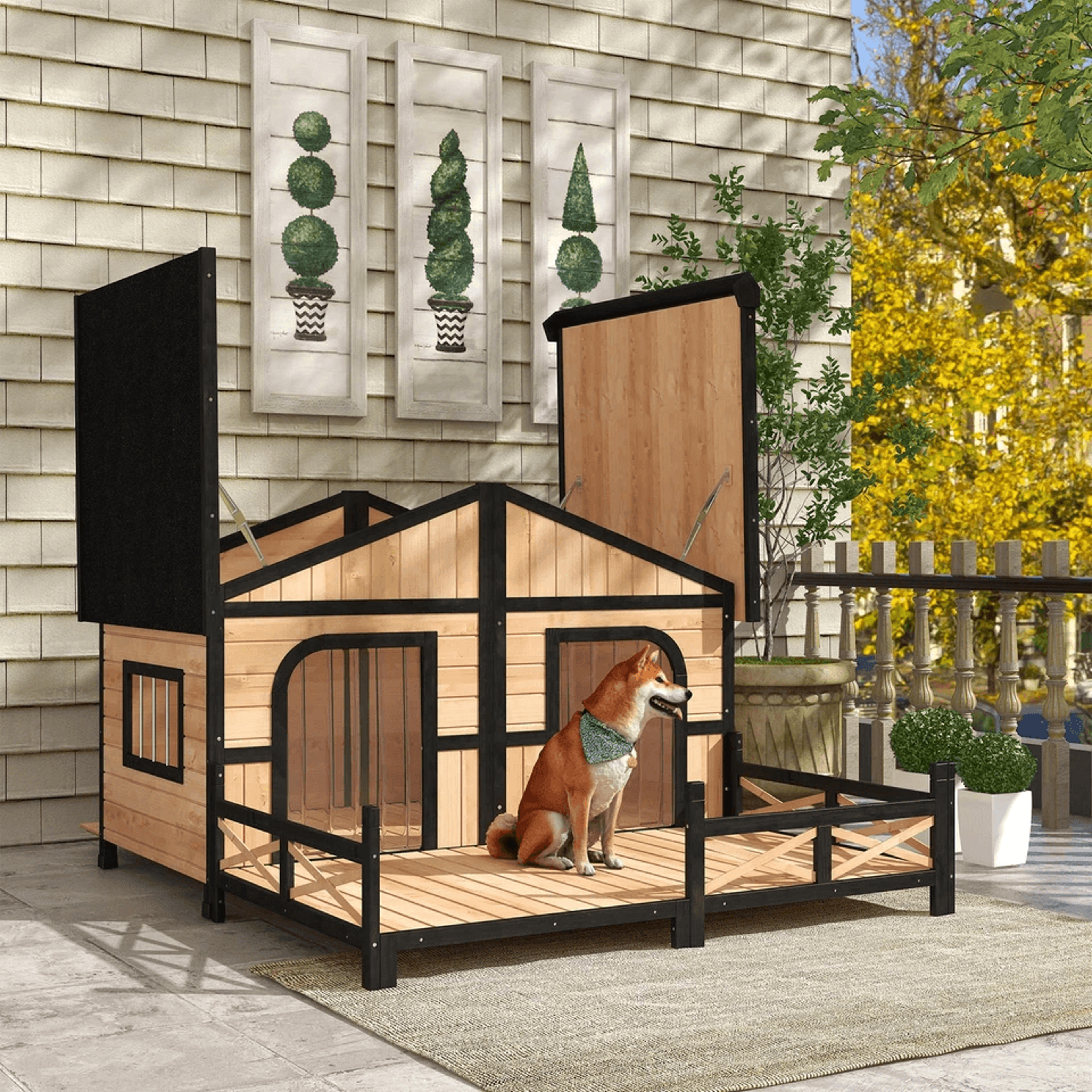 wooden elevated backyard dog house kit, all weather rustic log cabin outdoor pet shelter for small & large dogs