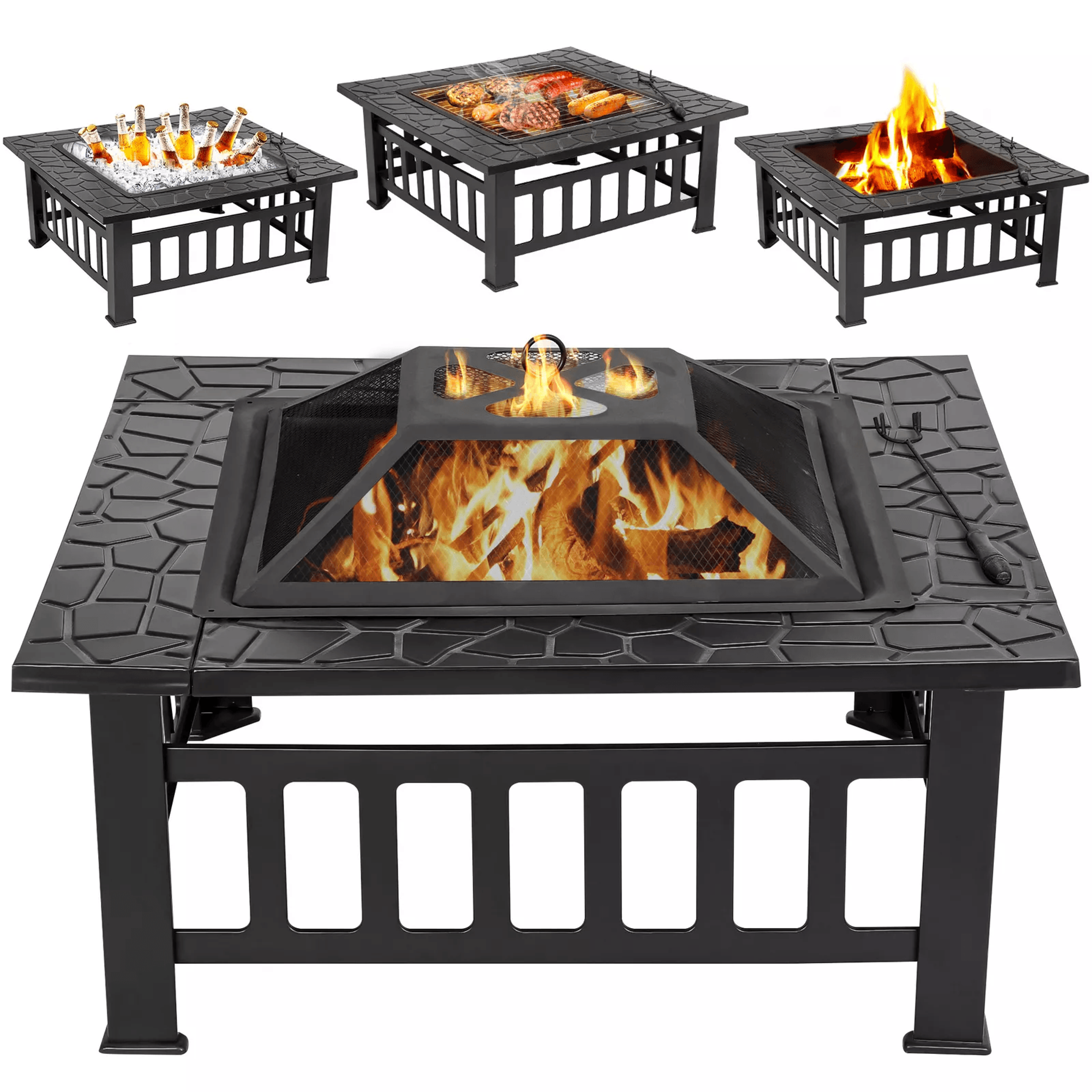 outdoor square metal firepit with mesh cover, patio & garden stove