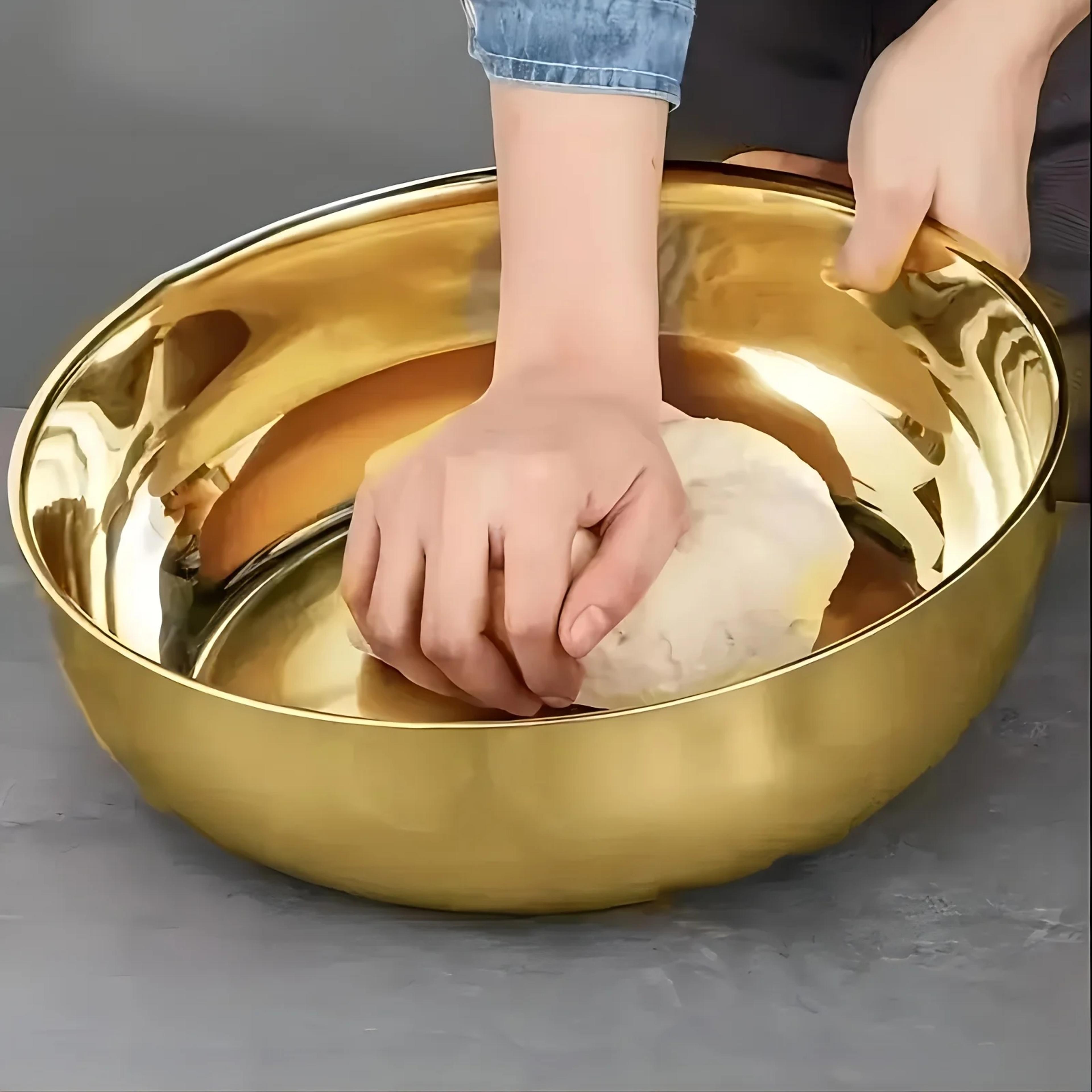 large stainless steel mixing bowl, heavy duty for kneading dough, washing vegetables, and preparing salads
