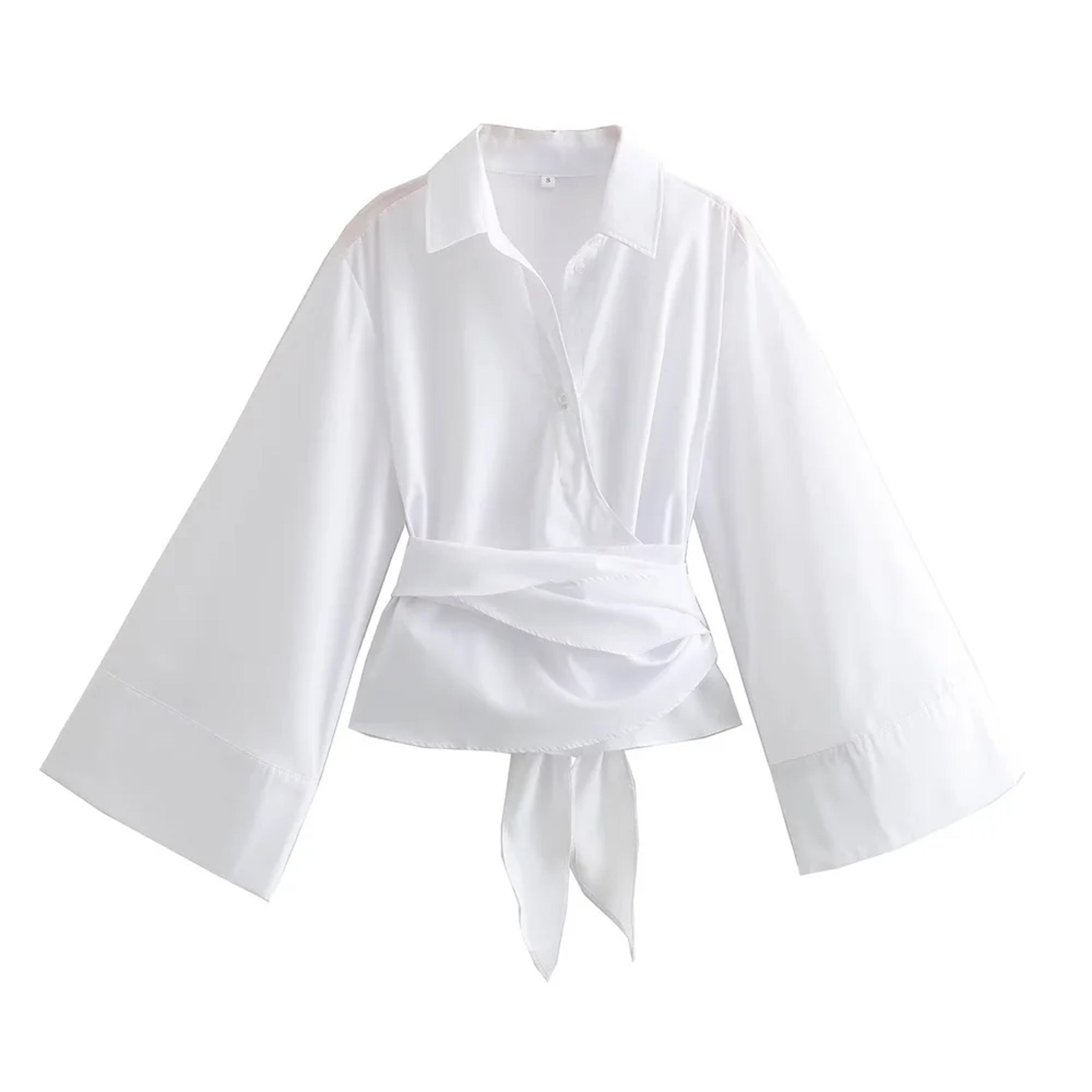new womens fashion short edition double breasted poplin shirt, casual polo neck bow tie up
