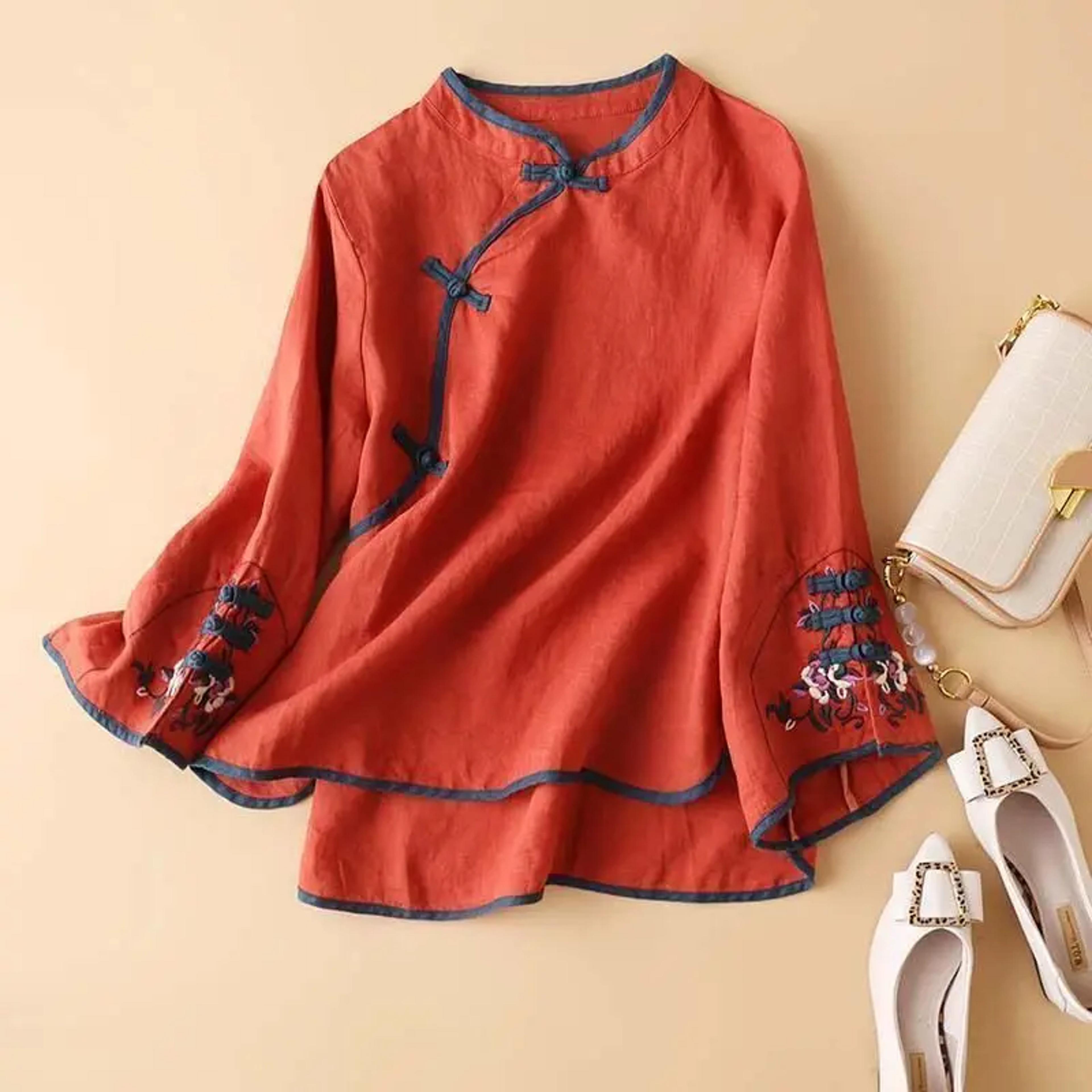 2023 new spring womens shirt, chinese style, artistic embroidery, loose fit, v neck top, fashionable clothes for women