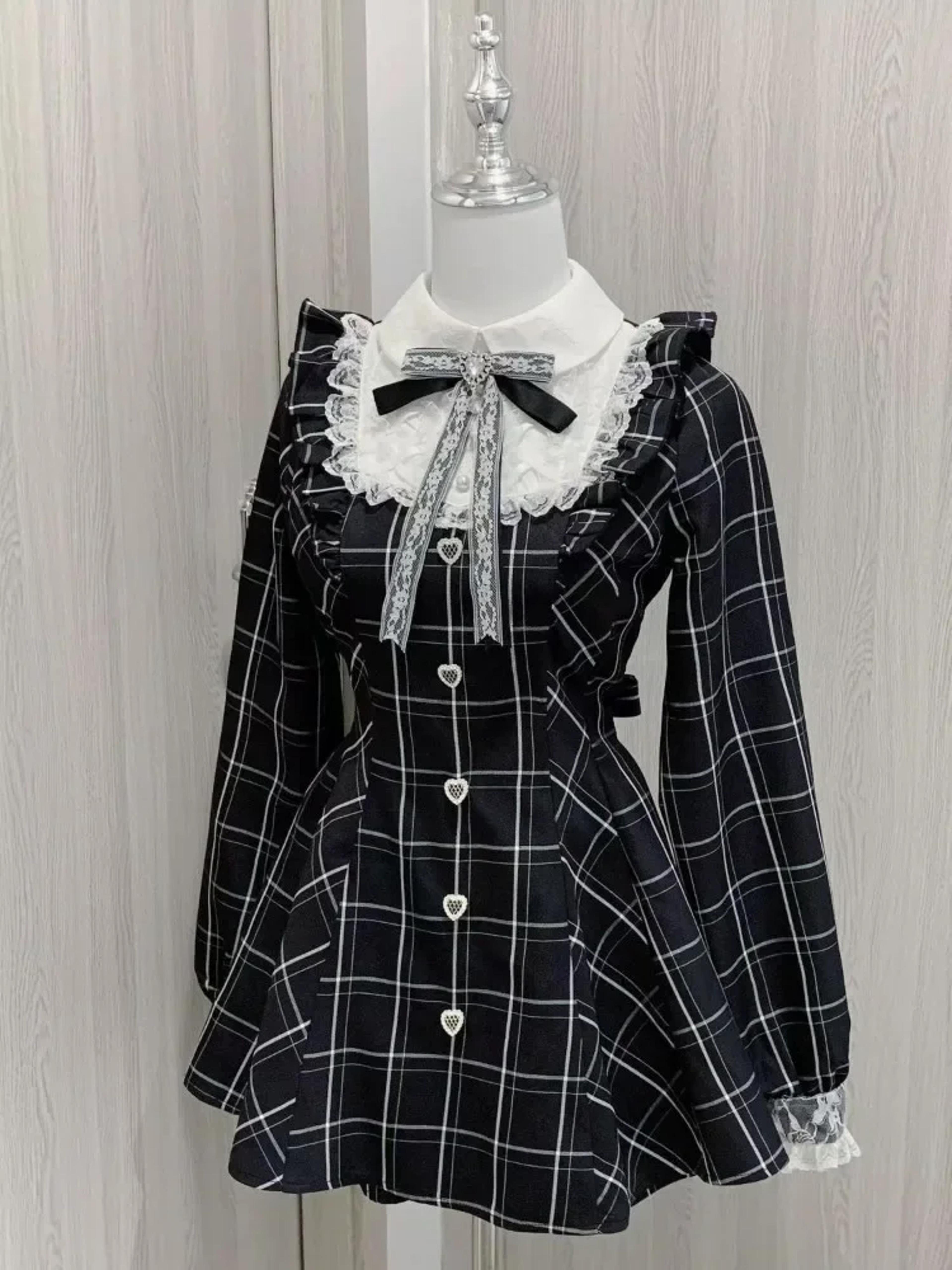 harajuku sweet bow black plaid dresses, kawaii lolita dress for women, slim fit autumn long sleeve