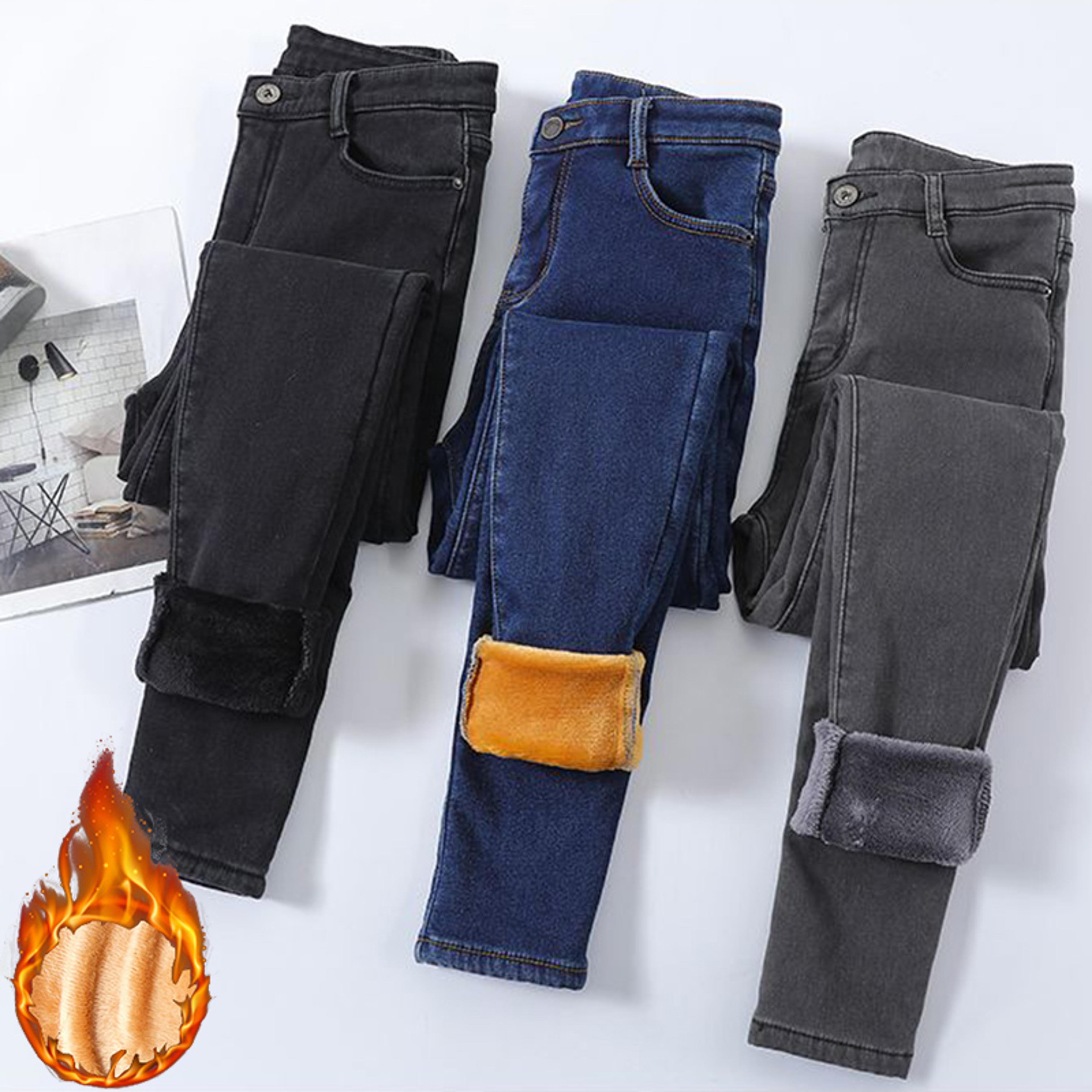 winter lady thermal plush jeans, high waist fleece pants, snow warm stretch denim, straight leg womens jeans, cozy cold