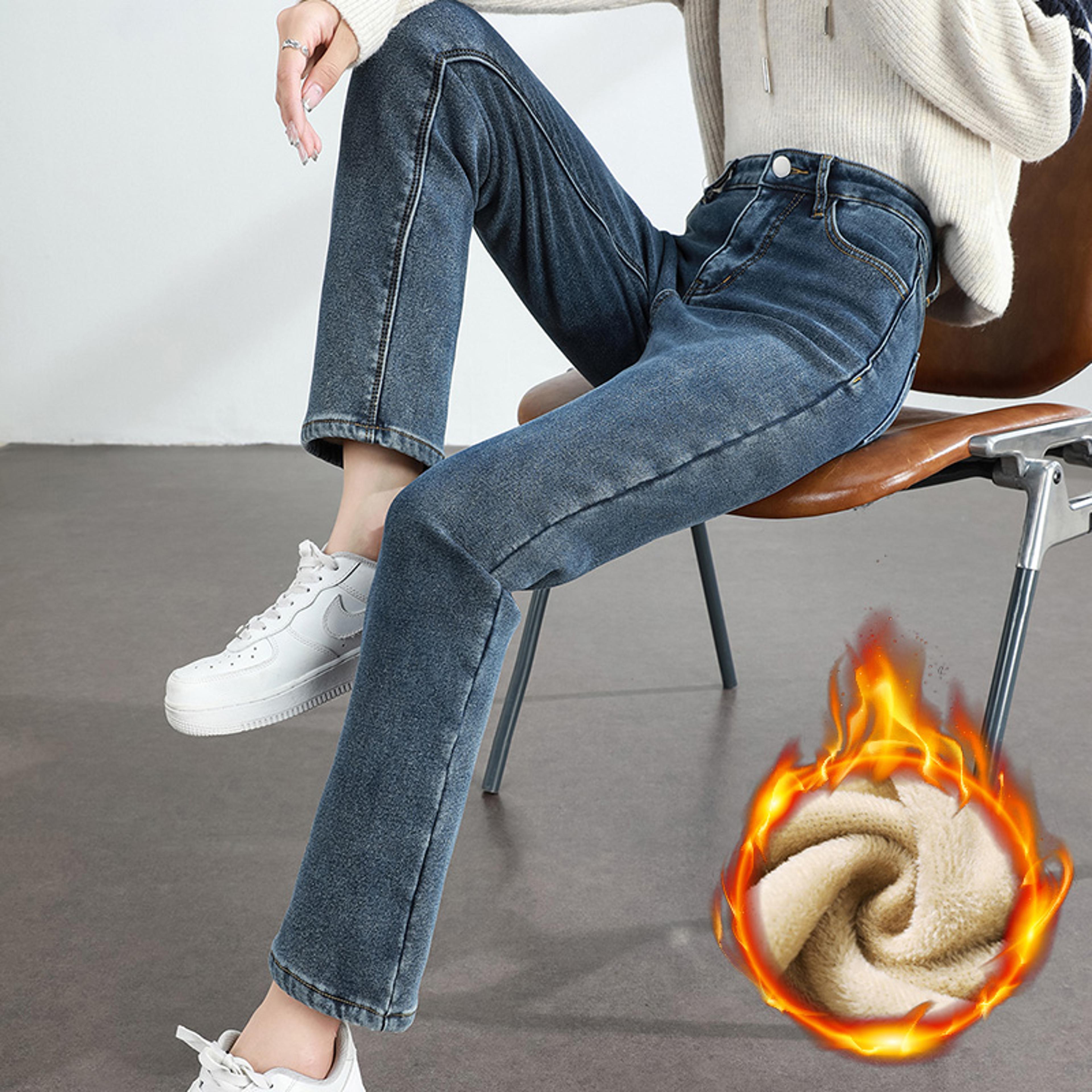 womens winter fleece jeans, thickened warm denim pants, retro slim straight elastic cotton fashion trousers