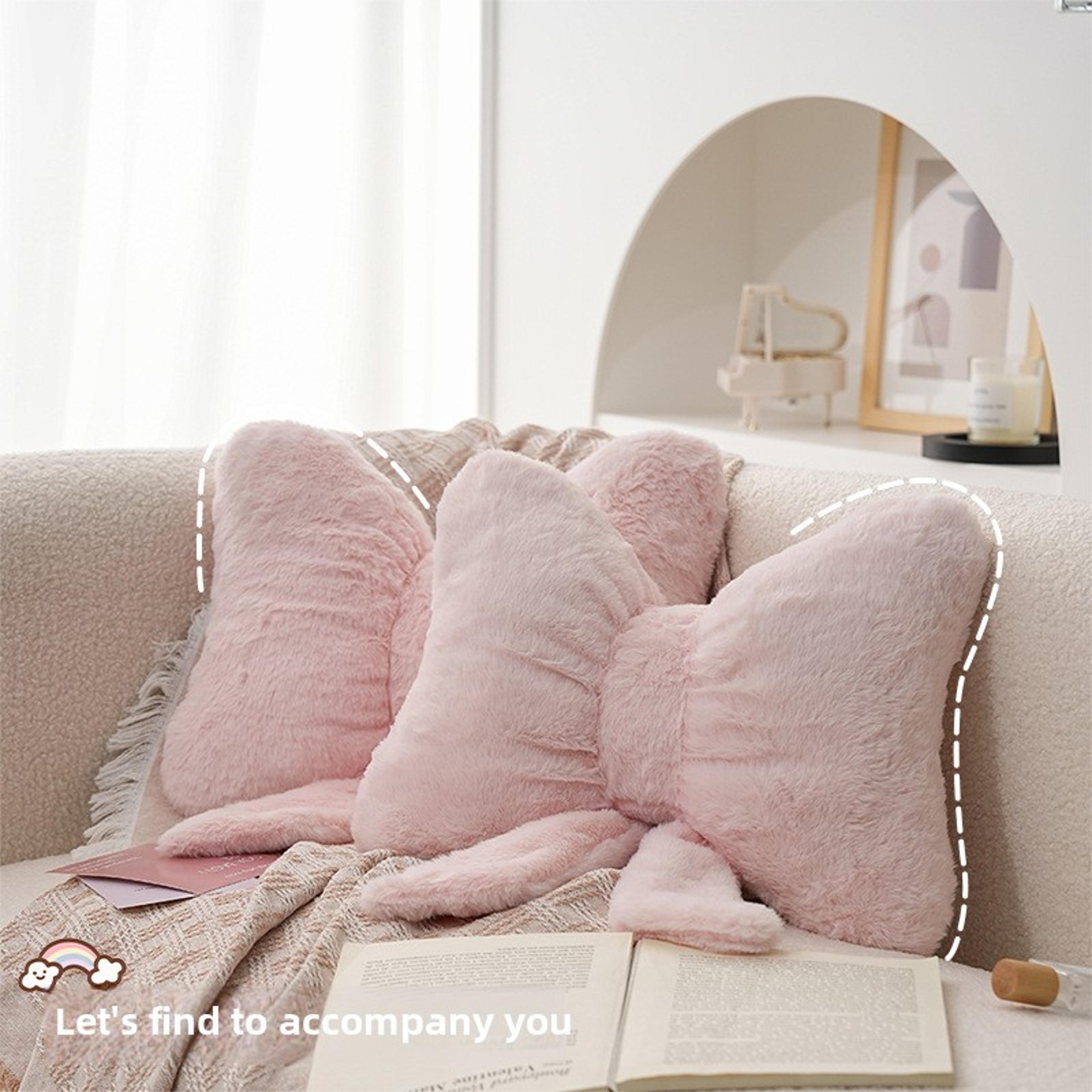 rabbit fur comfortable car seat cushion, pink bow ribbon couch pillow