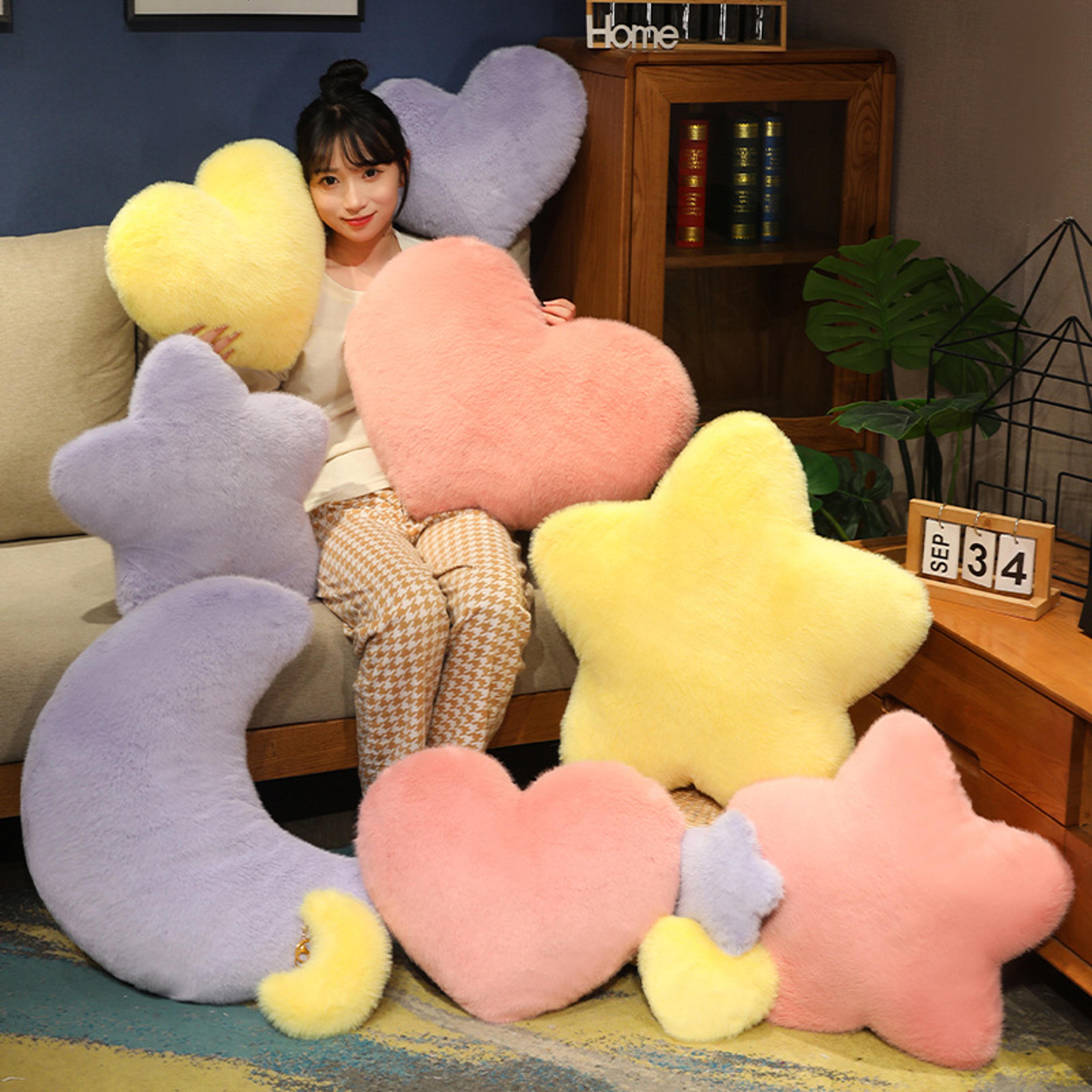 fluffy purple pink yellow moon star heart sky pillow, plush cushion for sofa chair back support, party prop, perfect