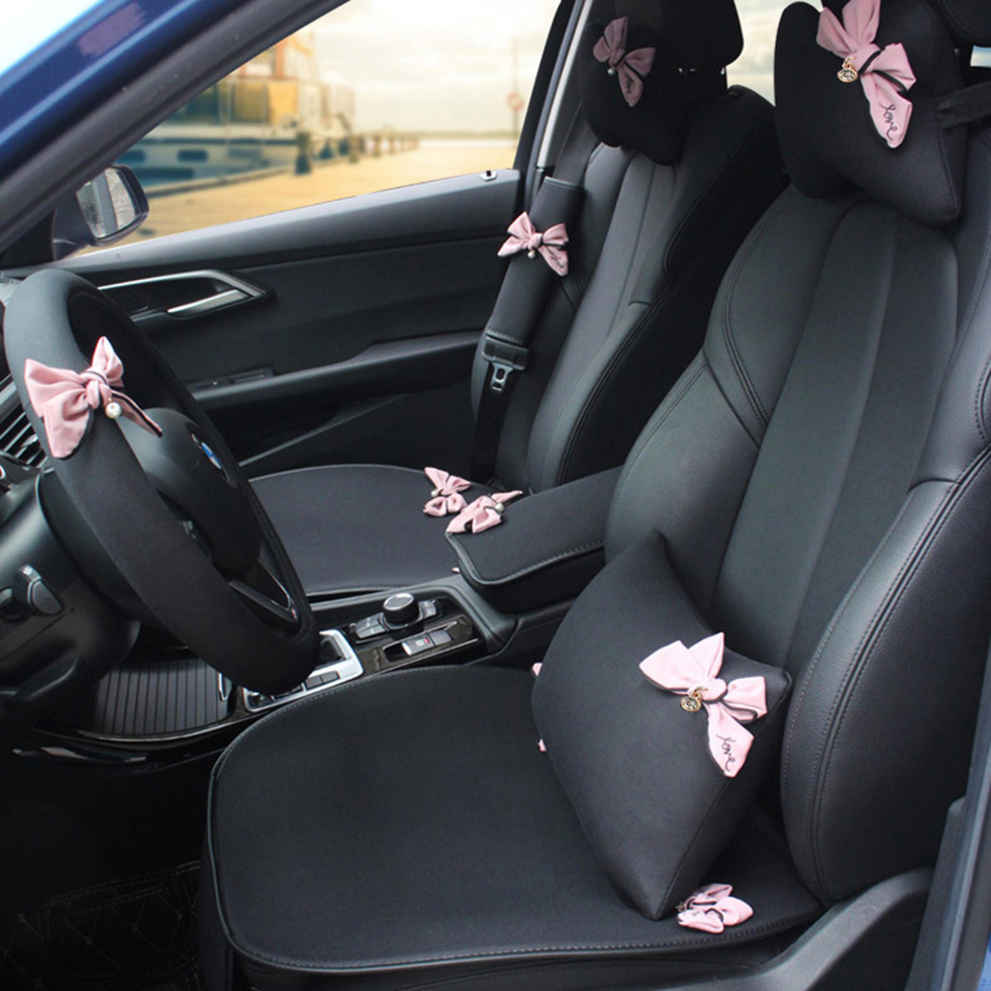 pink bow universal car neck pillow, four seasons ice silk waist support, auto seat headrest accessories