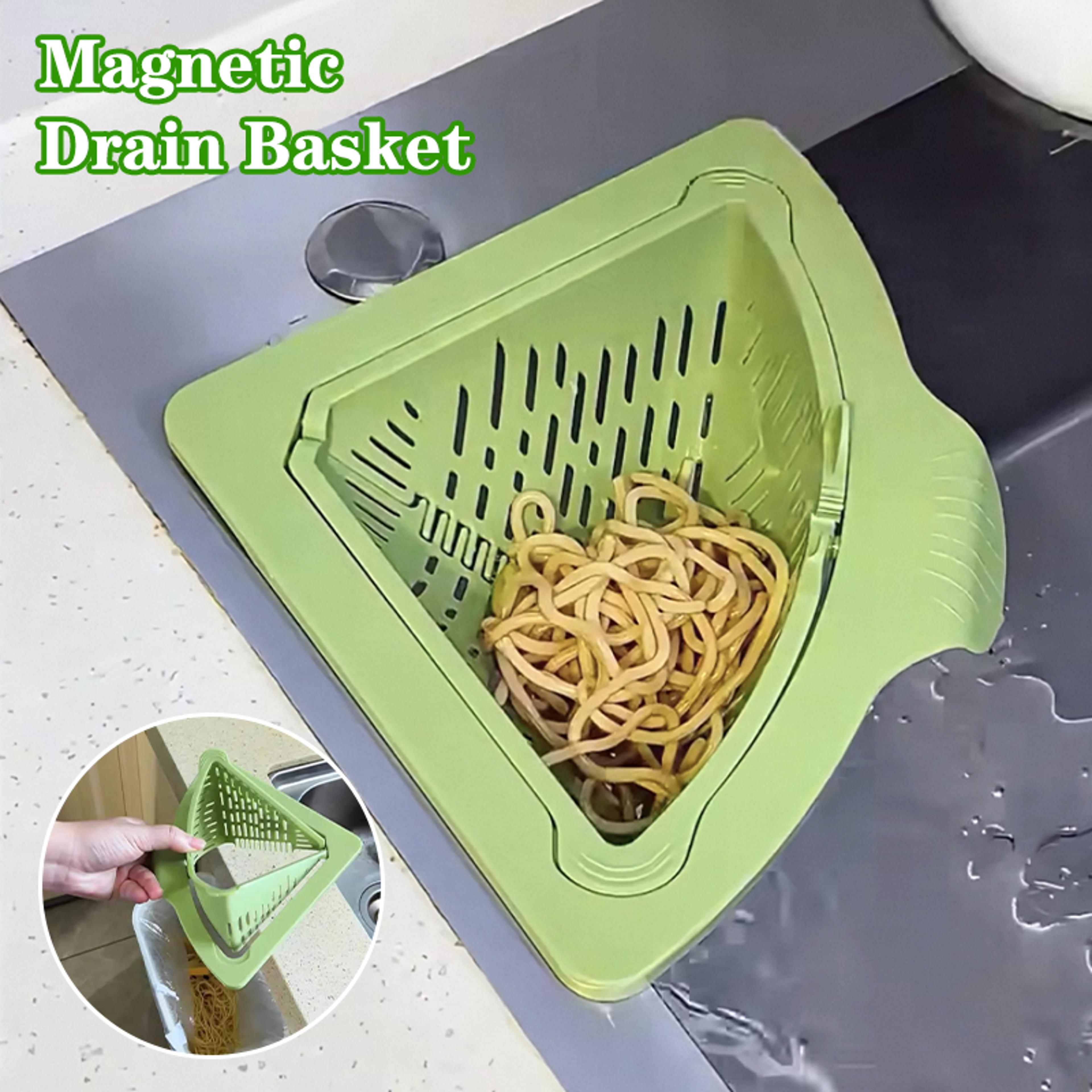 magnetic corner sink strainer, triangular draining basket for sink, twist-open bottom kitchen filter rack