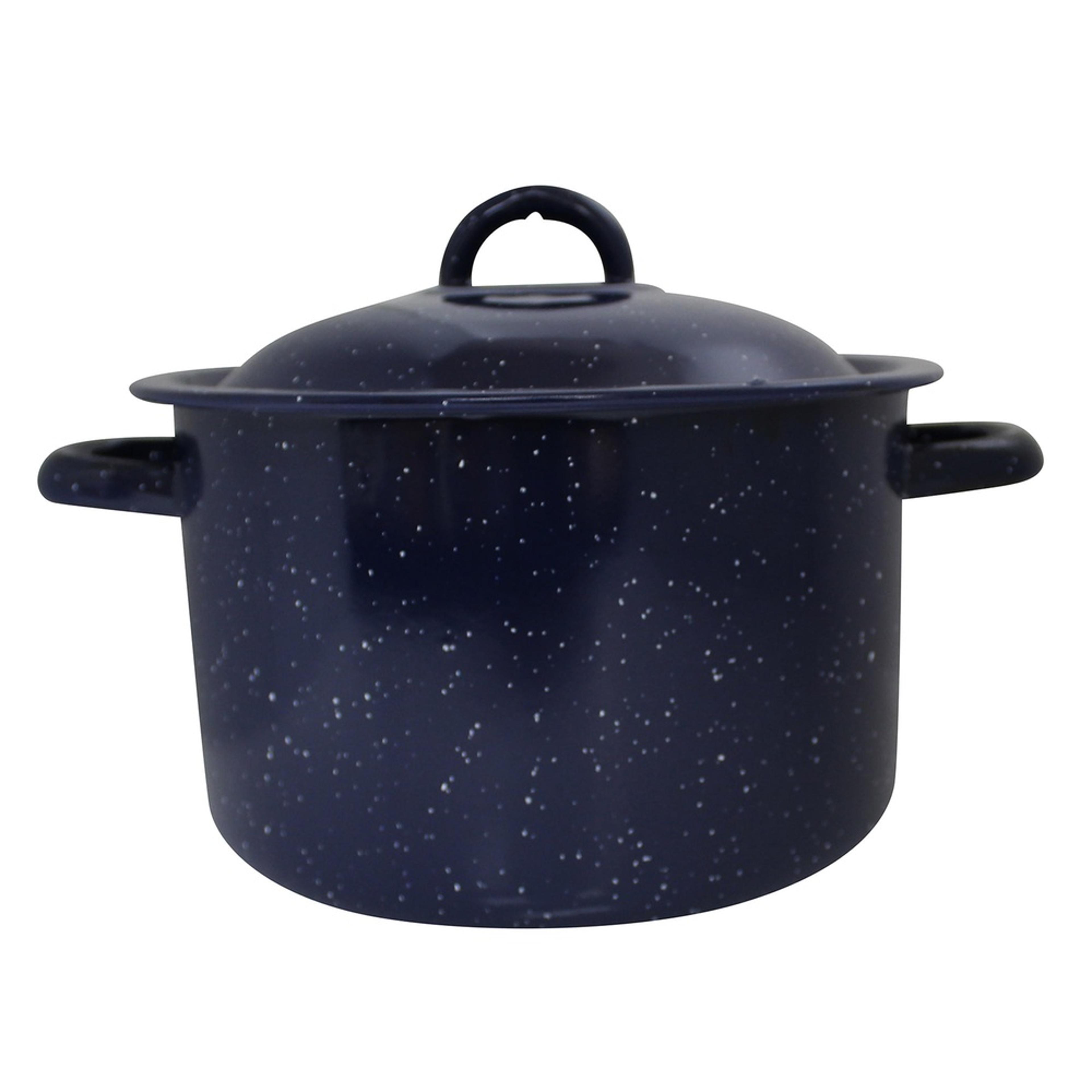 oven safe enamel stock pot for cooking soups and stews, durable steel with double handles