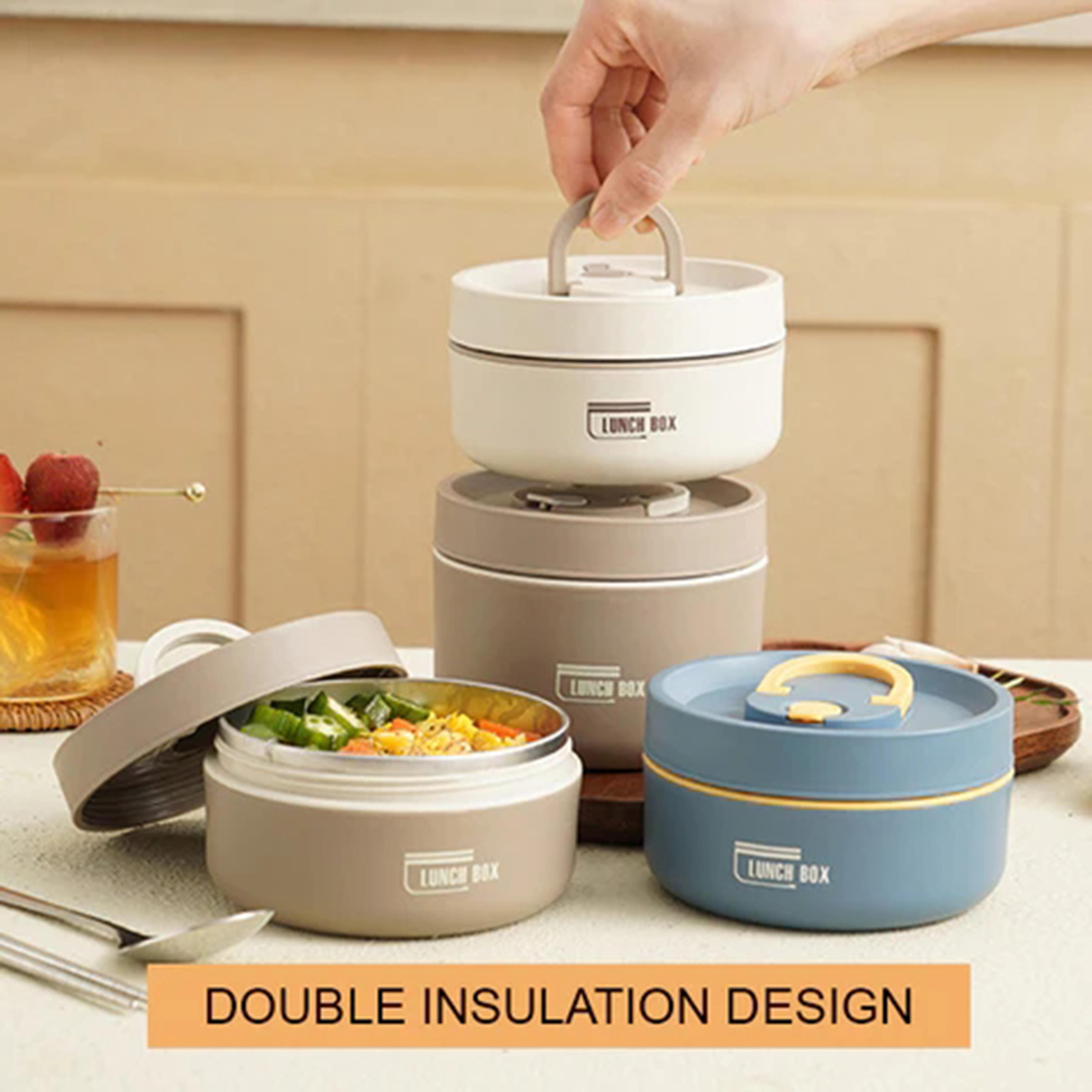 leakproof stainless steel lunch box with lid, thermal round picnic lunchbox, food containers with folding handle