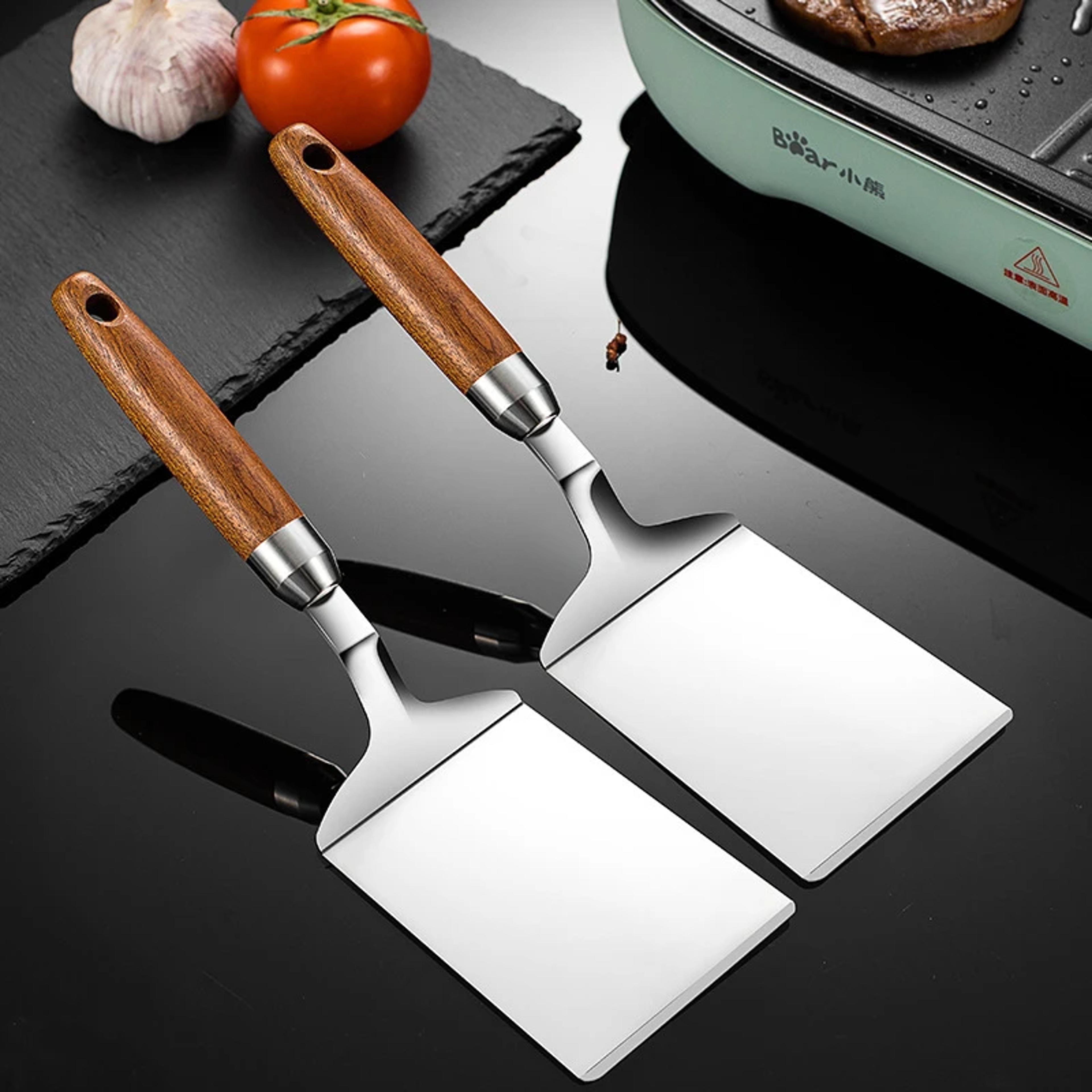wood handle bbq utensils, stainless steel square head steak turner, cooking spatula pizza shovel, pancake beef