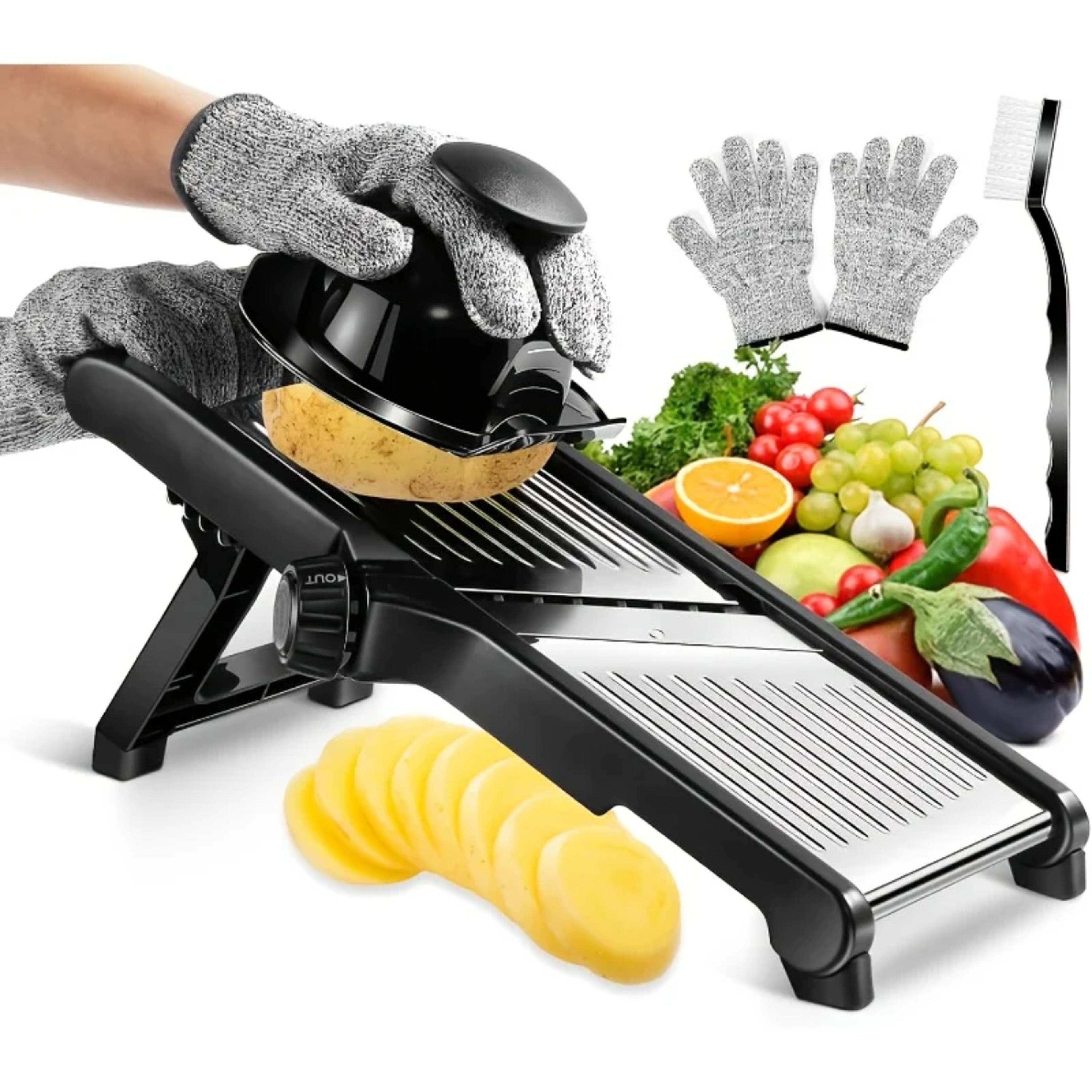 adjustable stainless steel mandoline slicer, food chopper with blades and hand guard for fruits and vegetables