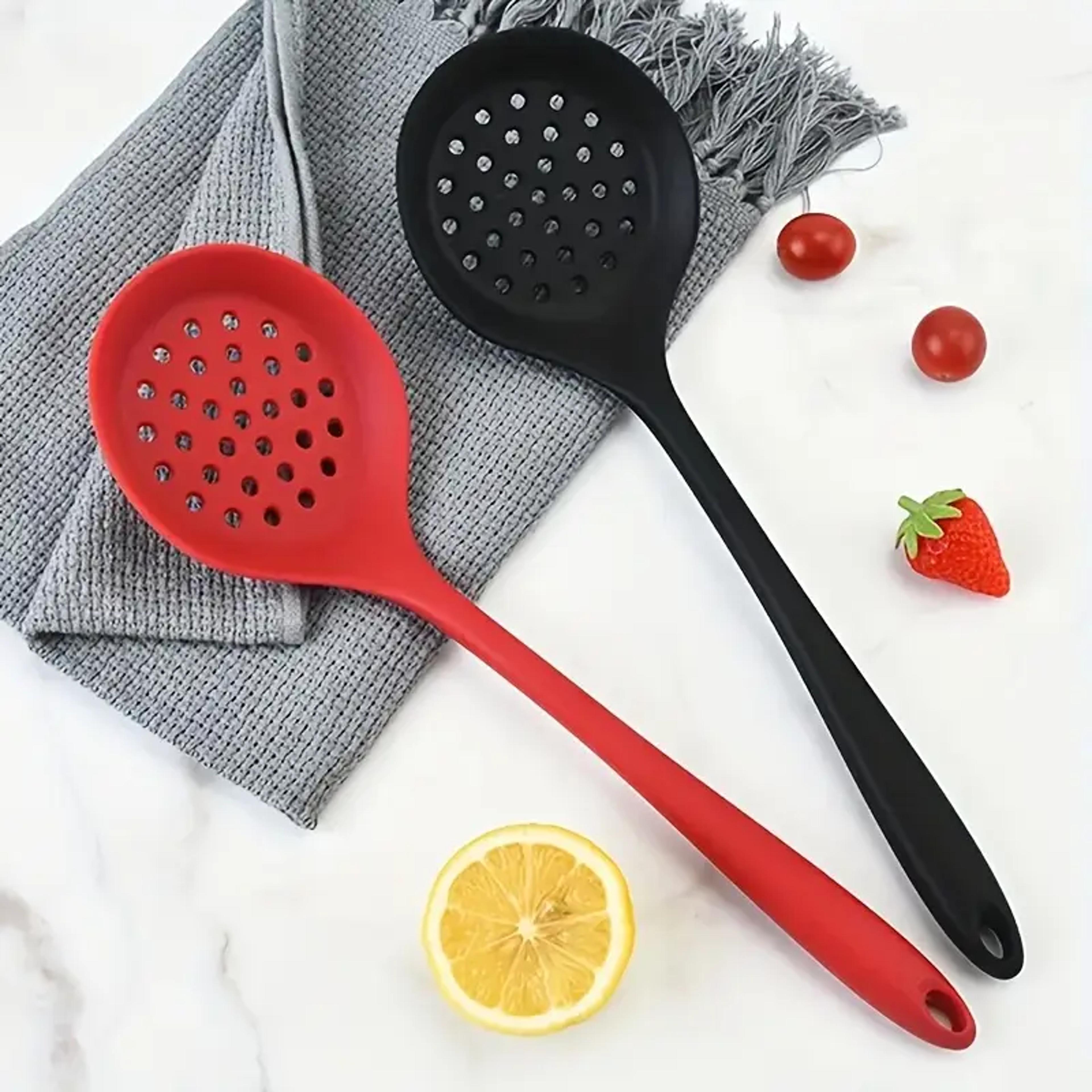 heat resistant silicone slotted spoon for frying, non-scratch kitchen skimmer ladle, dishwasher safe cooking utensils