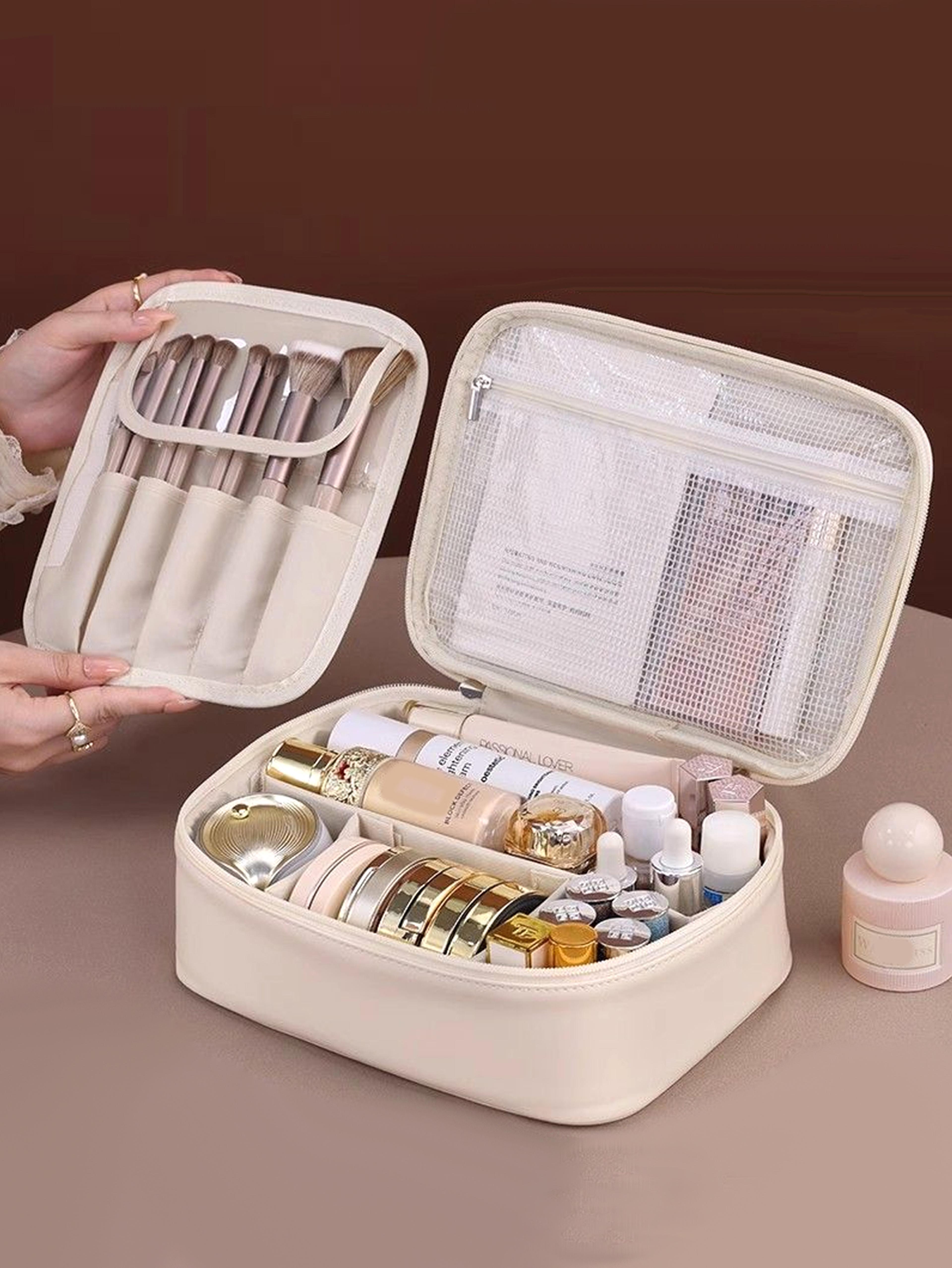 high-end pu leather makeup bag with multi-layer design, large capacity, waterproof and portable