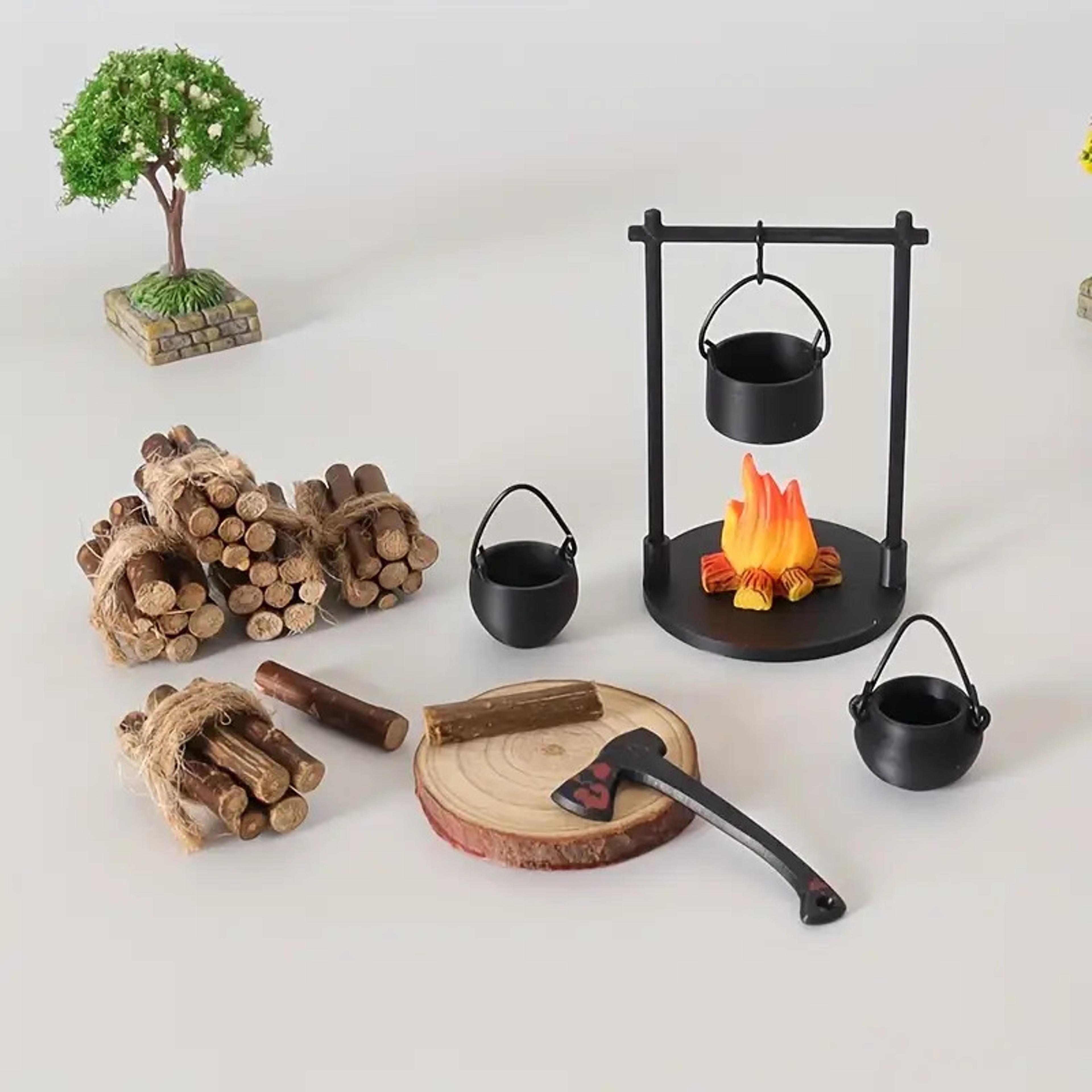 decorative mini campfire and teapot statue, desktop photo props for christmas gifts